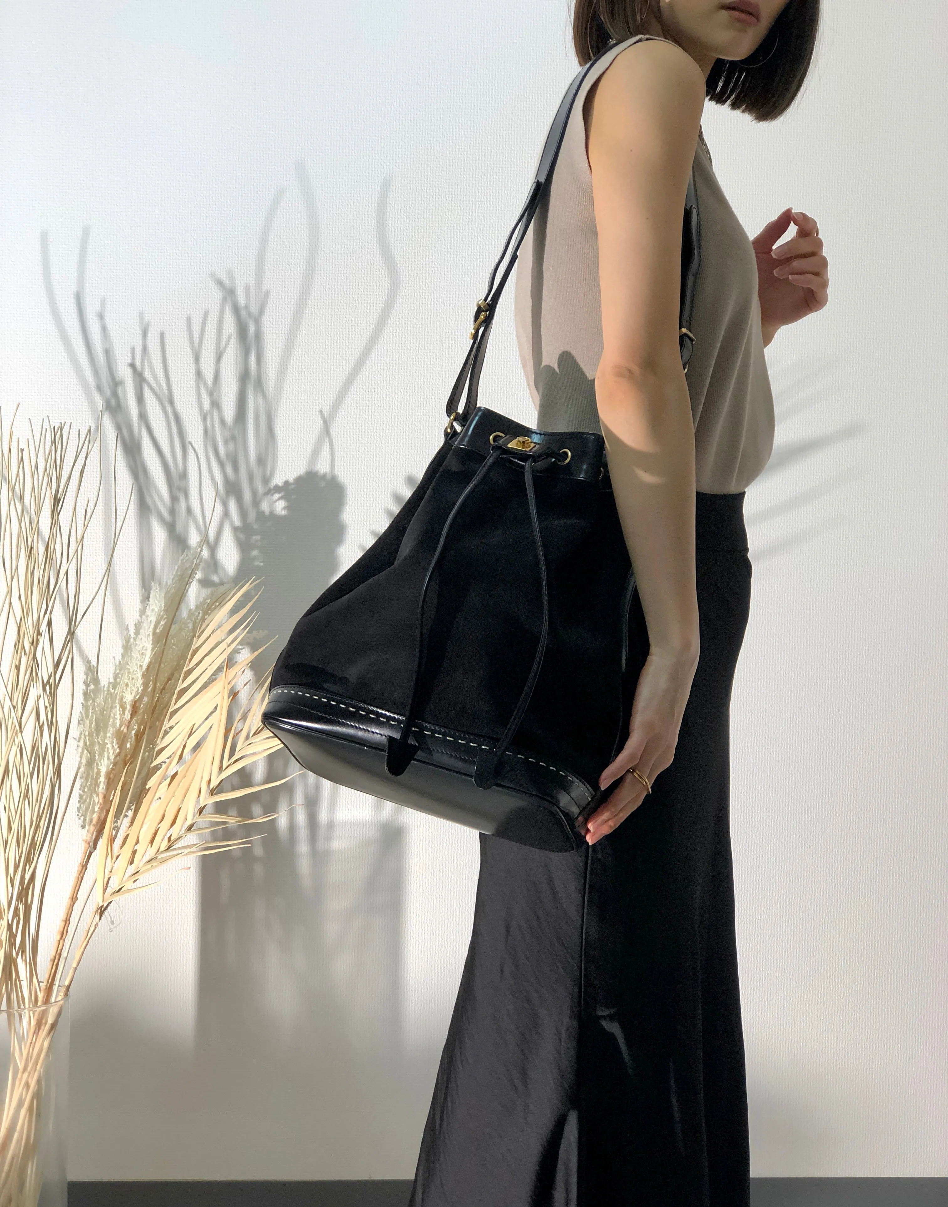 CELINE Gancini  Suede Leather Drawstring Shoulder bag Black Vintage swuscx