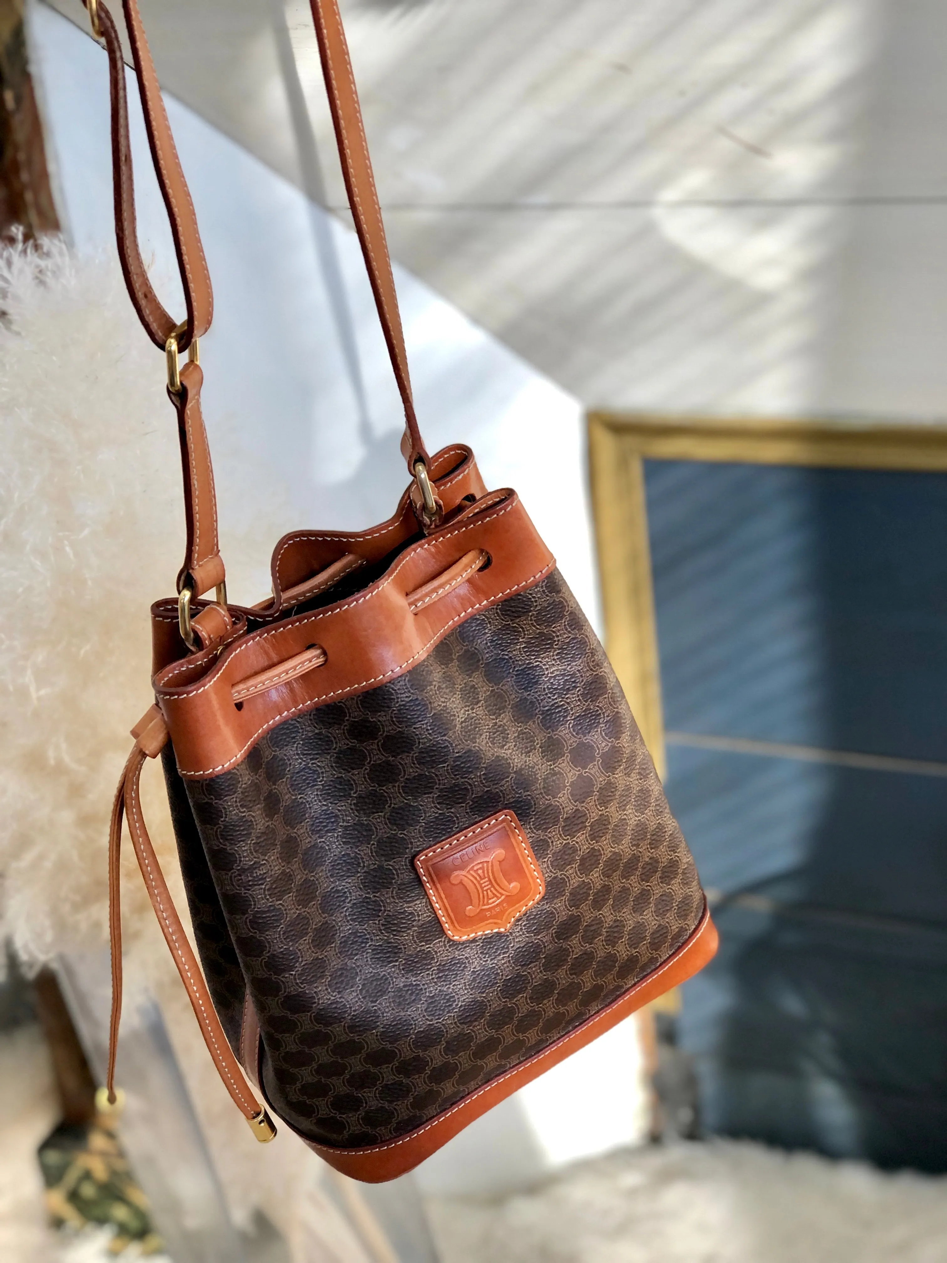 CELINE Macadam Drawstring Shoulder bag Brown Vintage Old Celine s43ypk