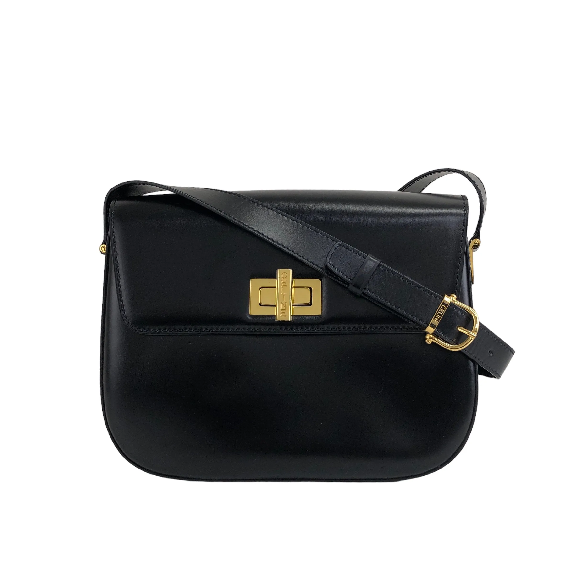 CELINE Turn Lock Leather Shoulder bag Black Vintage igkid8