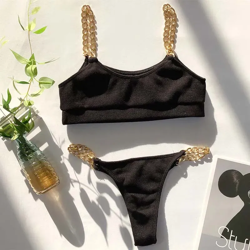 Chain-Detailed Cropped Bikini Set with High Leg