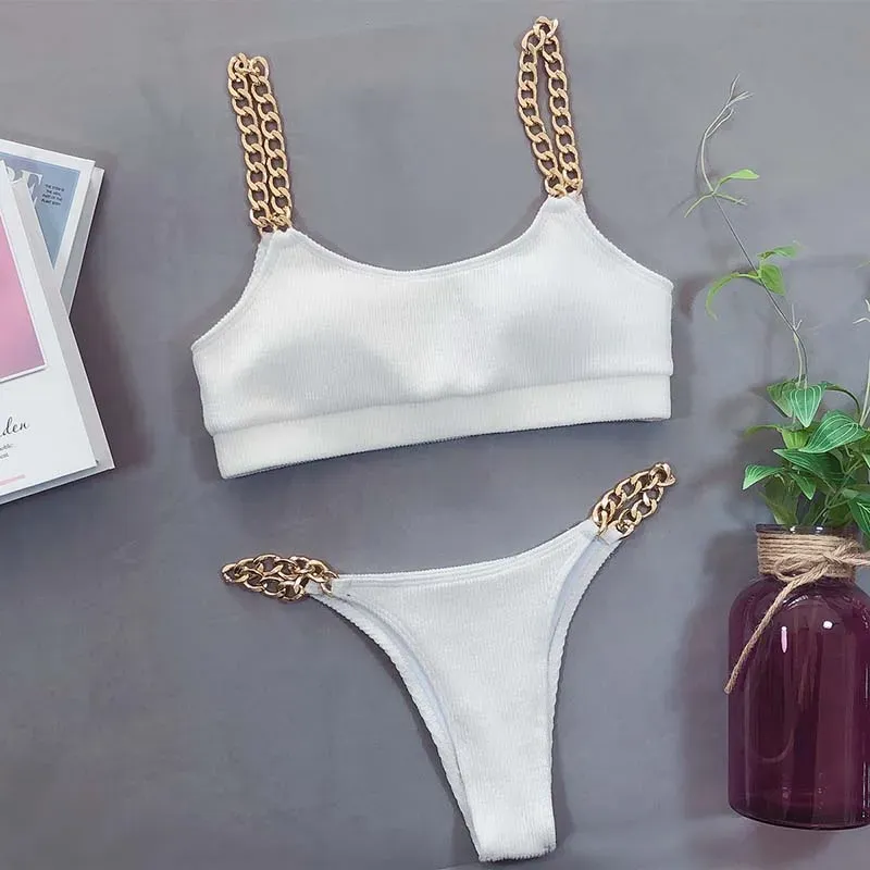 Chain-Detailed Cropped Bikini Set with High Leg