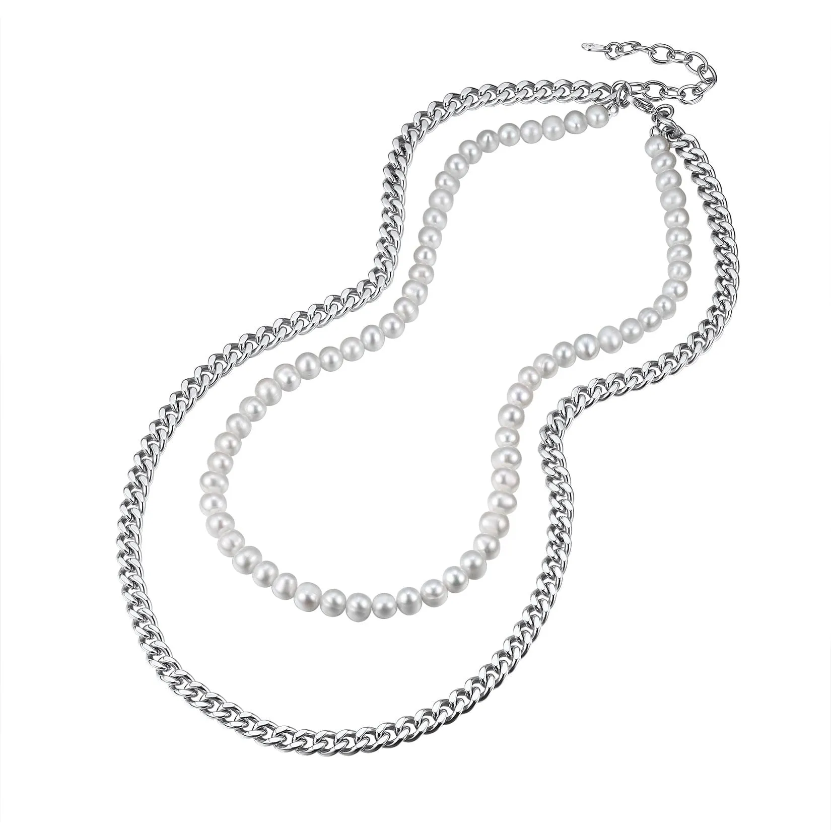 ChainsPro Men Women Dainty Choker Cuban Chain with Pearl, Adjustable, Stainless Steel/Gold Plated/Black