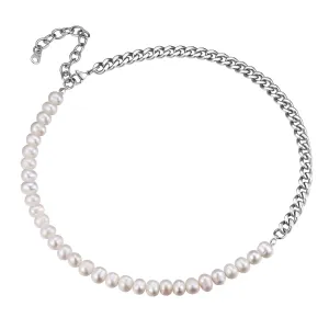 ChainsPro Pearl Choker Necklaces for Men Women, Half Pearl Half Cuban Chain Necklace, Stainless Steel/Gold Plated/Black