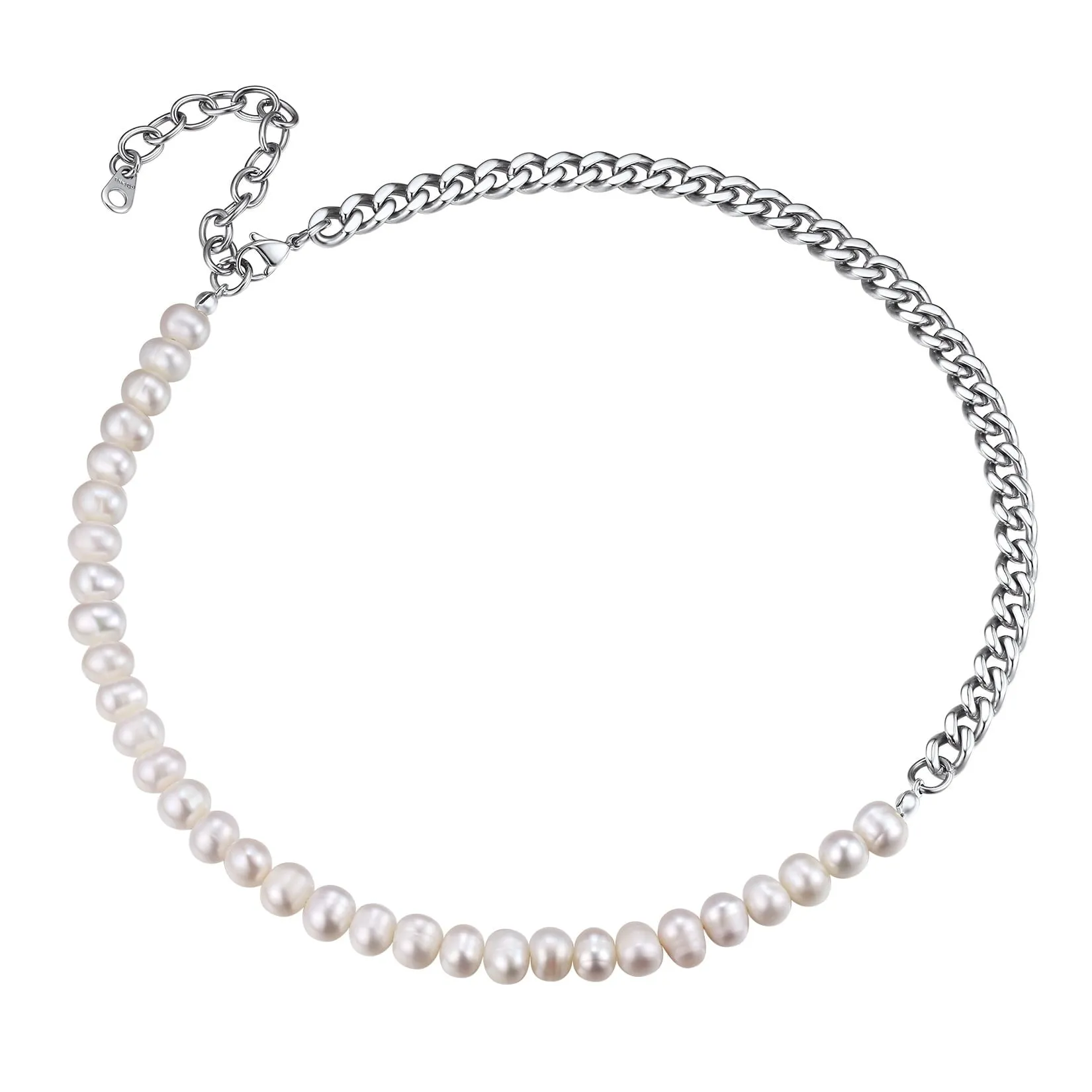 ChainsPro Pearl Choker Necklaces for Men Women, Half Pearl Half Cuban Chain Necklace, Stainless Steel/Gold Plated/Black