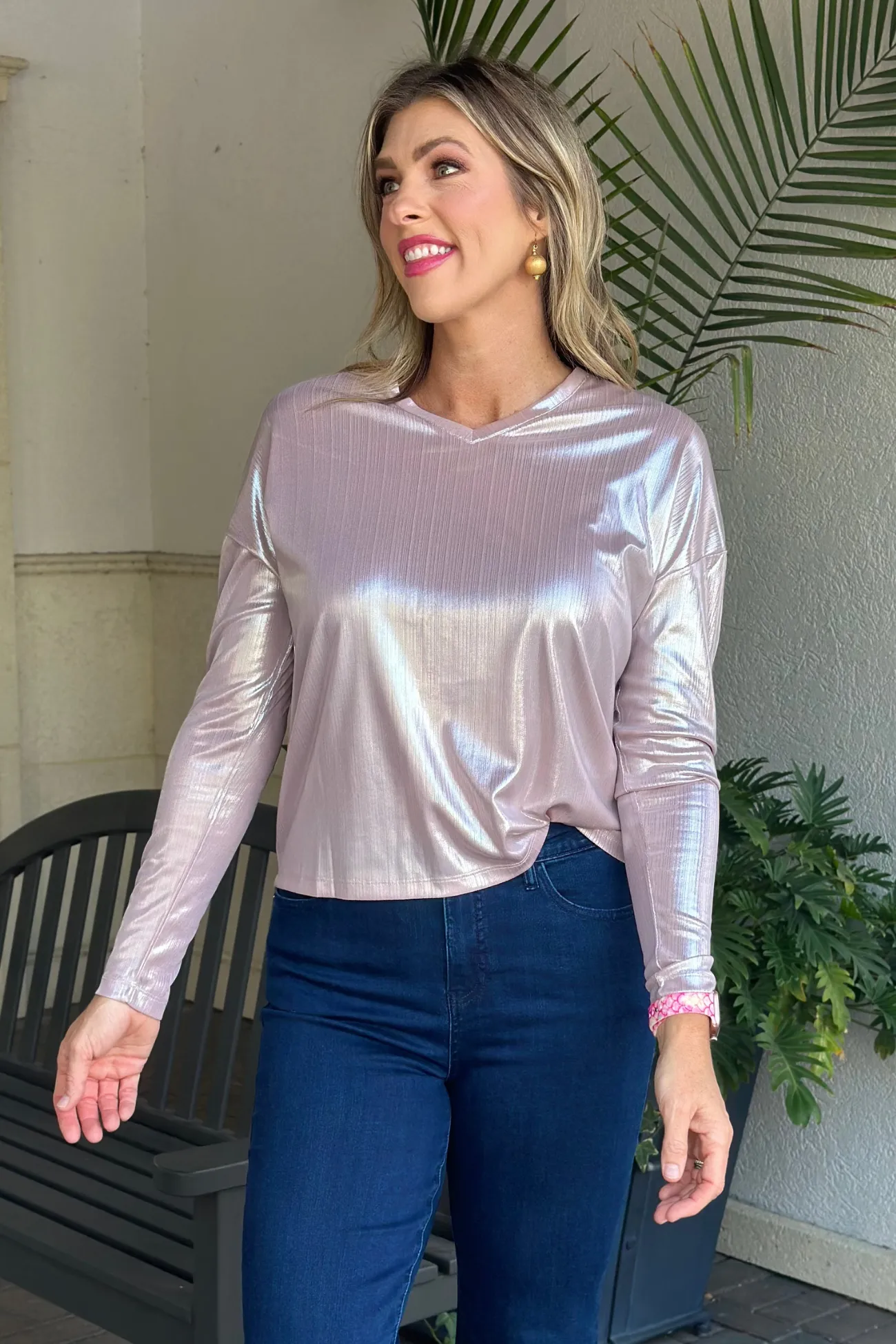 Charlie B Quartz Foiled V-Neck Knit Top