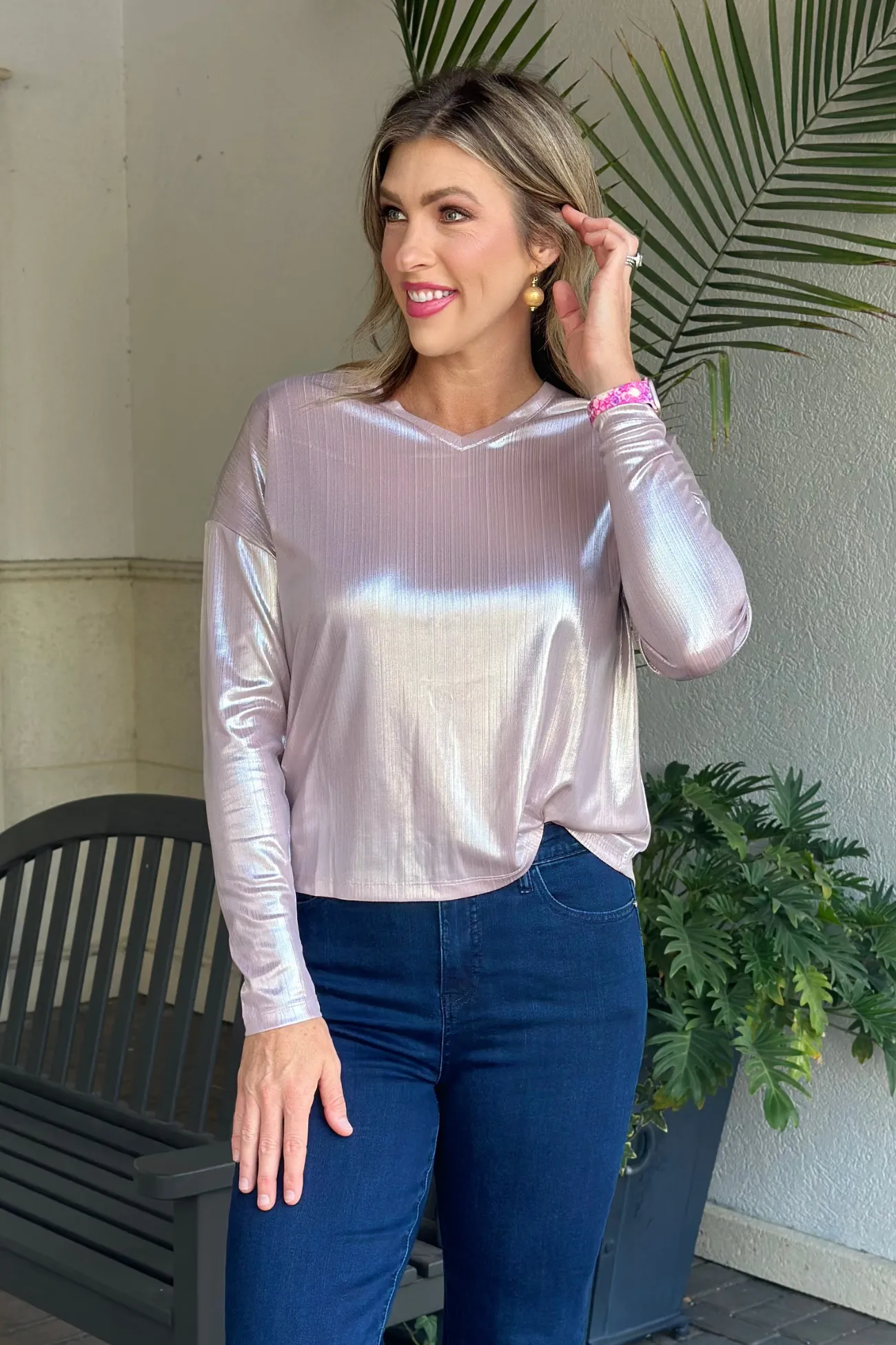 Charlie B Quartz Foiled V-Neck Knit Top