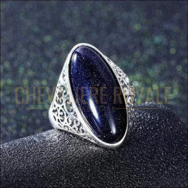 Chevalière femme argent avec la pierre ovale d'Aventurine bleue