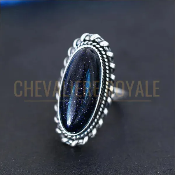 Chevalière femme argent avec la pierre ovale d'Aventurine bleue