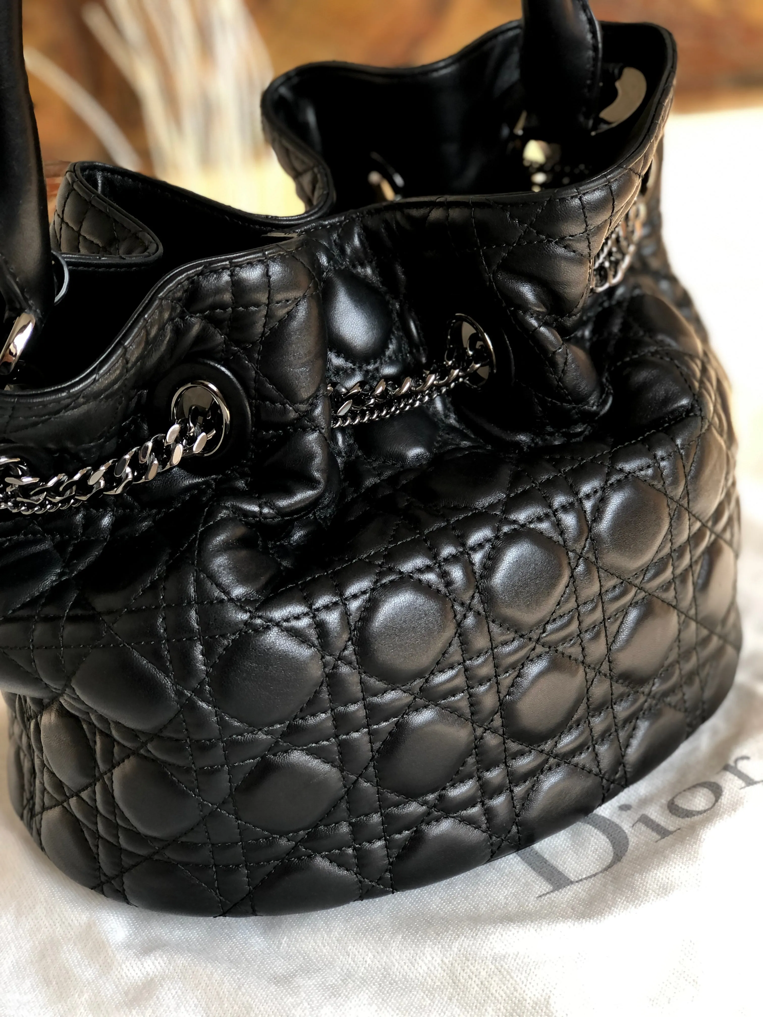Christian Dior Cannage Lady dior Padlock Charm Bucket Totebag Black Vintage txf4va