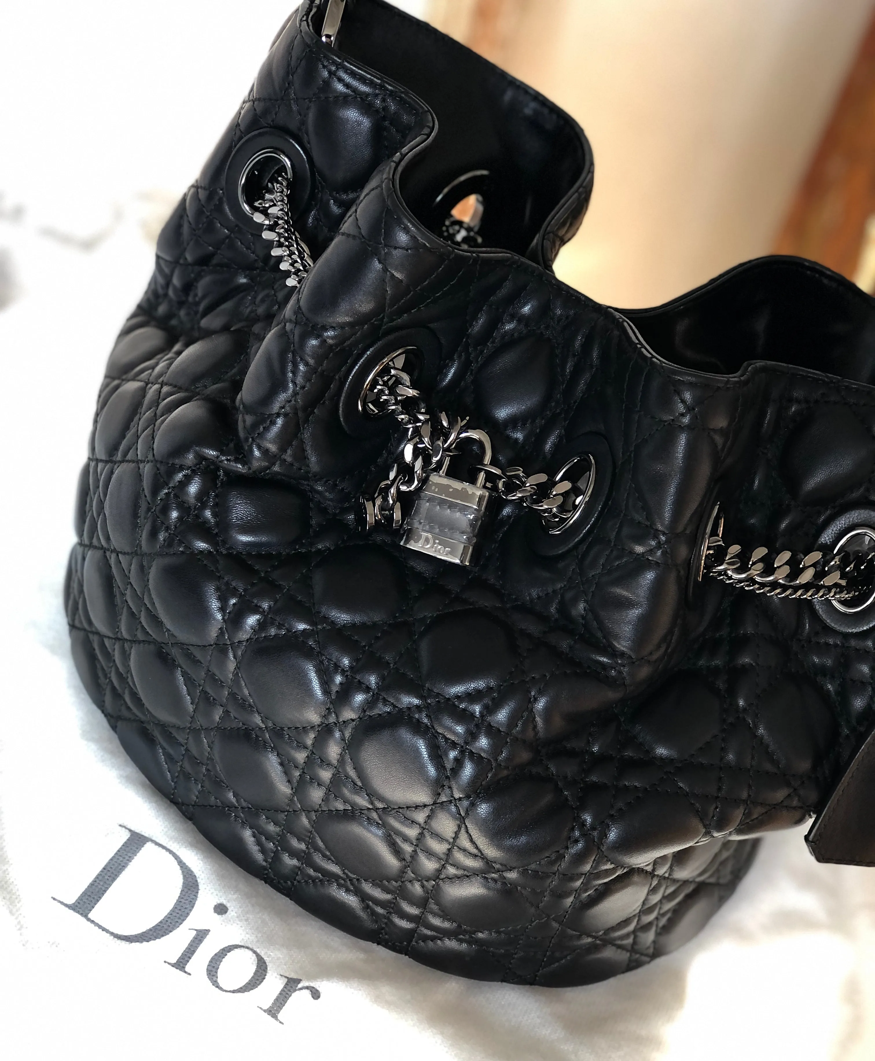 Christian Dior Cannage Lady dior Padlock Charm Bucket Totebag Black Vintage txf4va