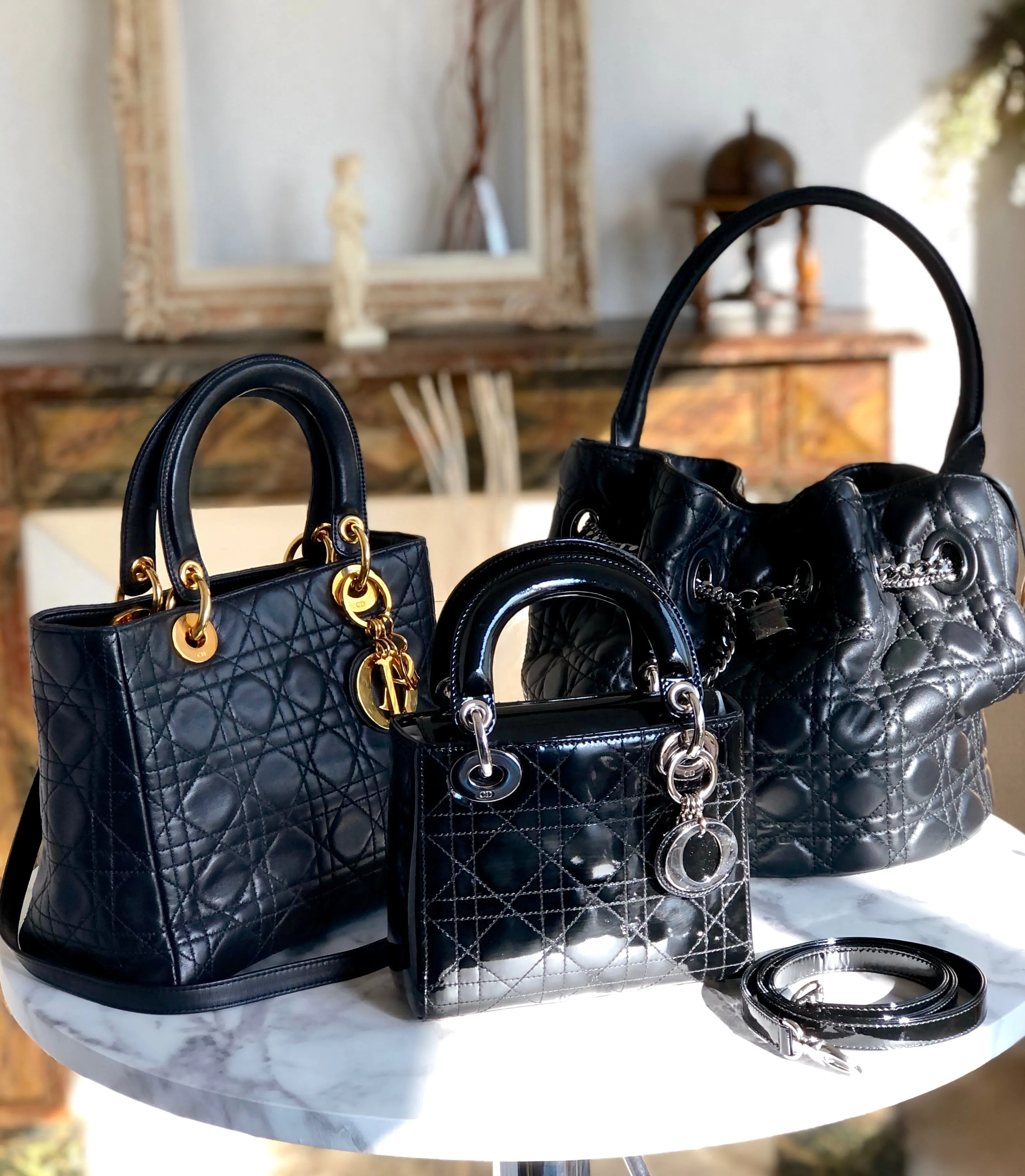 Christian Dior Cannage Lady dior Padlock Charm Bucket Totebag Black Vintage txf4va