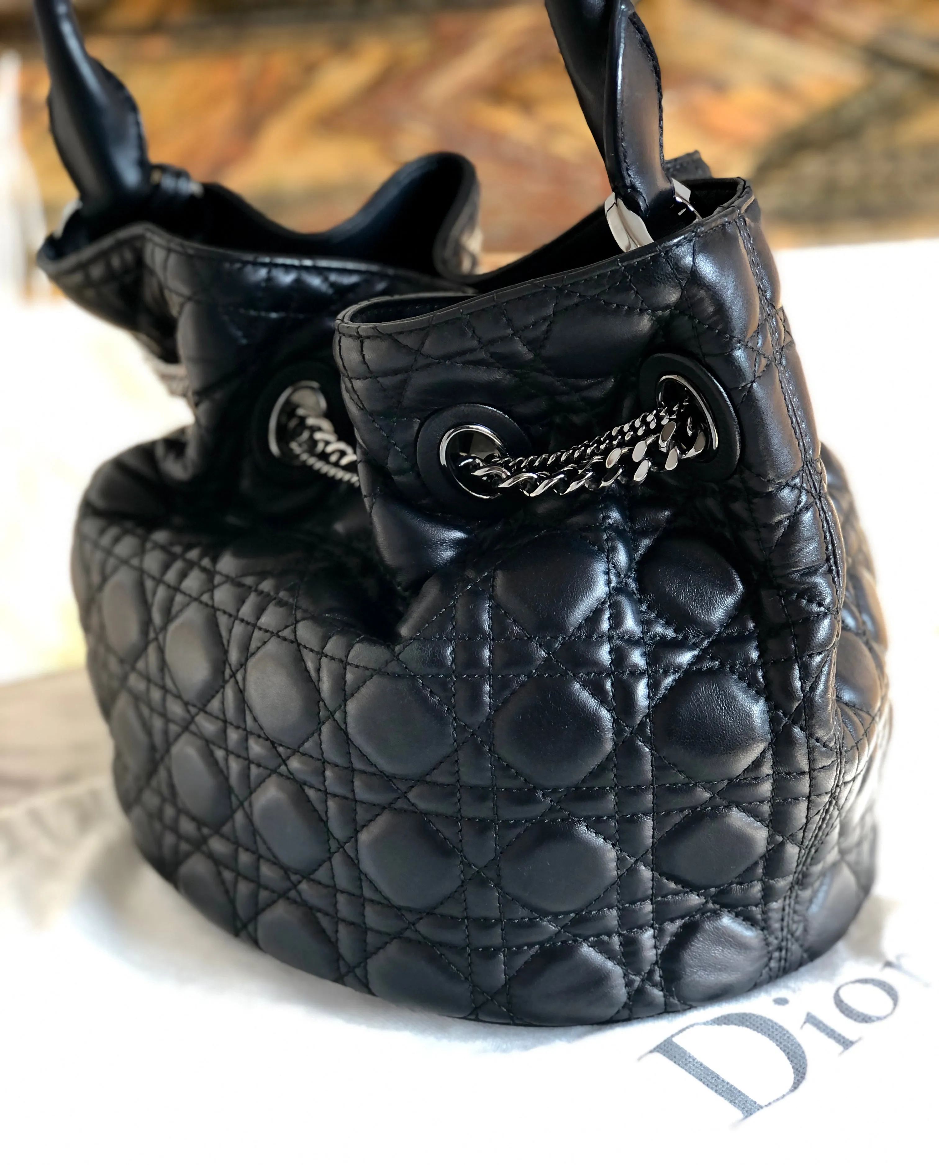 Christian Dior Cannage Lady dior Padlock Charm Bucket Totebag Black Vintage txf4va