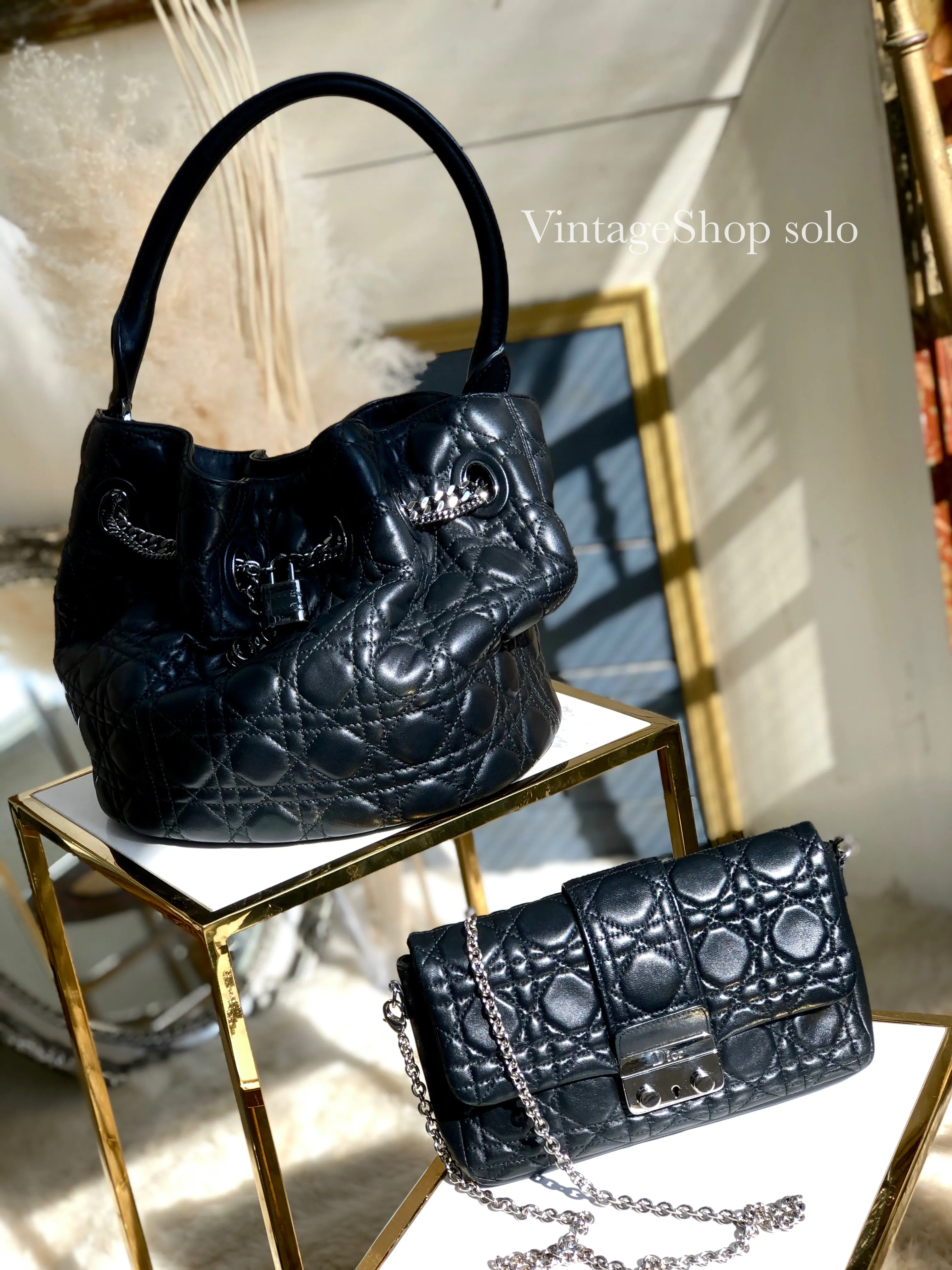 Christian Dior Cannage Lady dior Padlock Charm Bucket Totebag Black Vintage txf4va