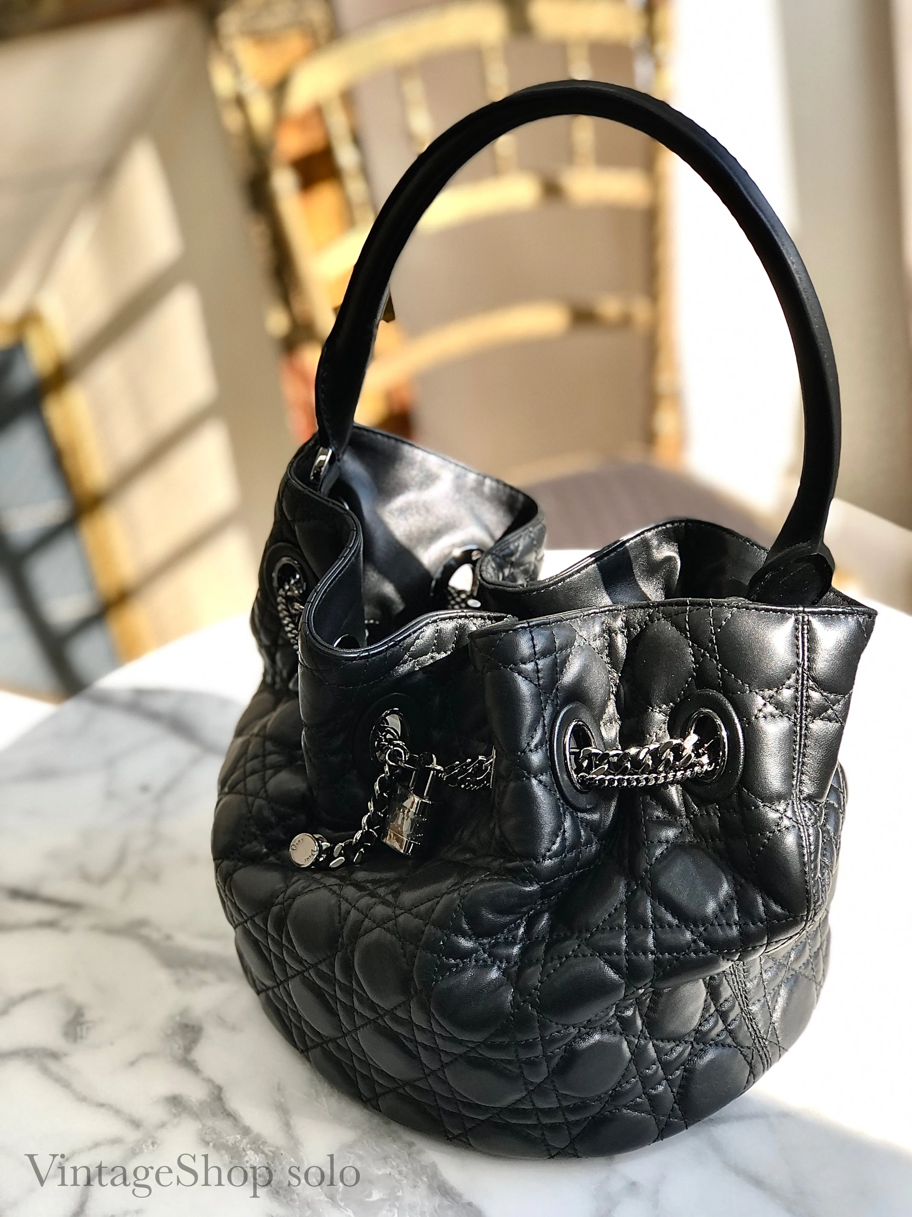 Christian Dior Cannage Lady dior Padlock Charm Bucket Totebag Black Vintage txf4va