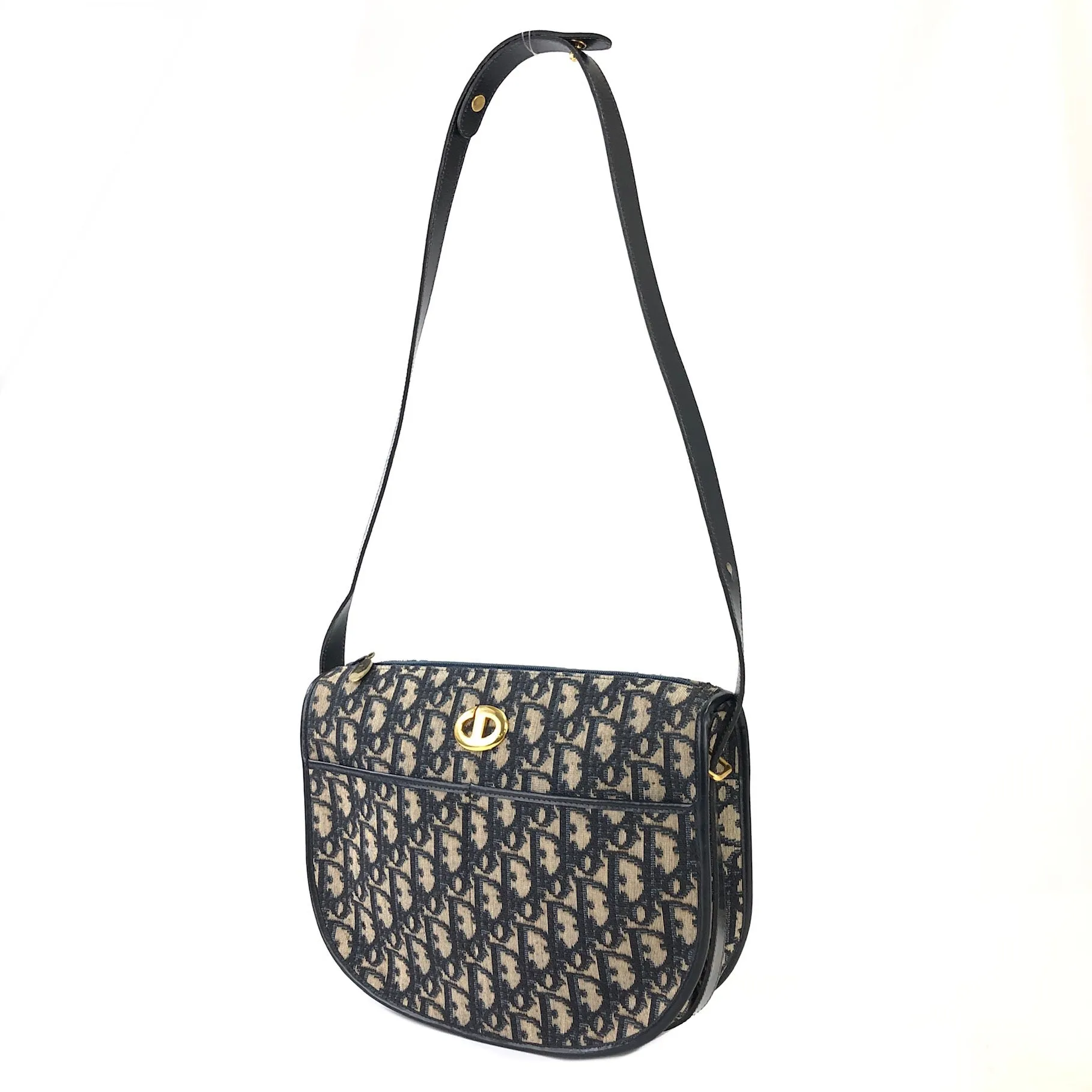 Christian Dior Logo Trotter Oblique Round Jacquard Shoulder bag Navy Vintage Old bpd7zc