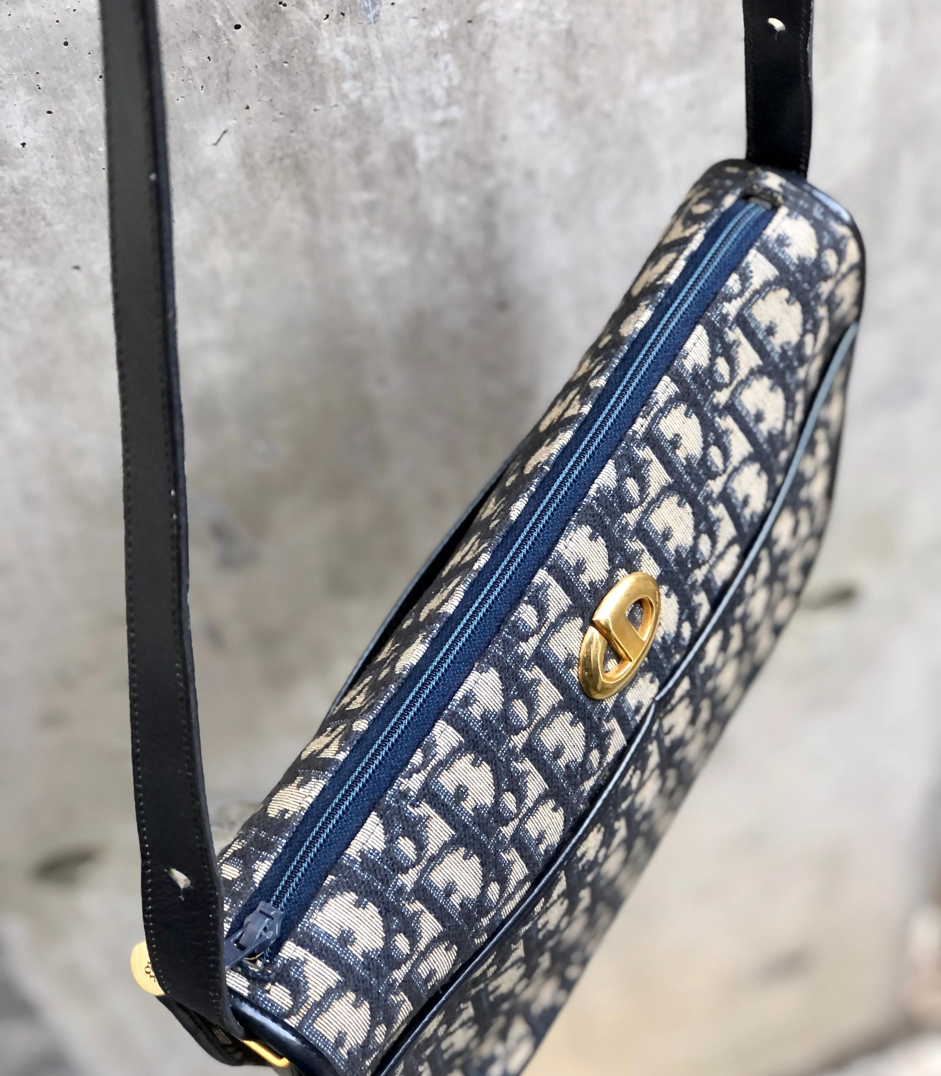 Christian Dior Logo Trotter Oblique Round Jacquard Shoulder bag Navy Vintage Old bpd7zc