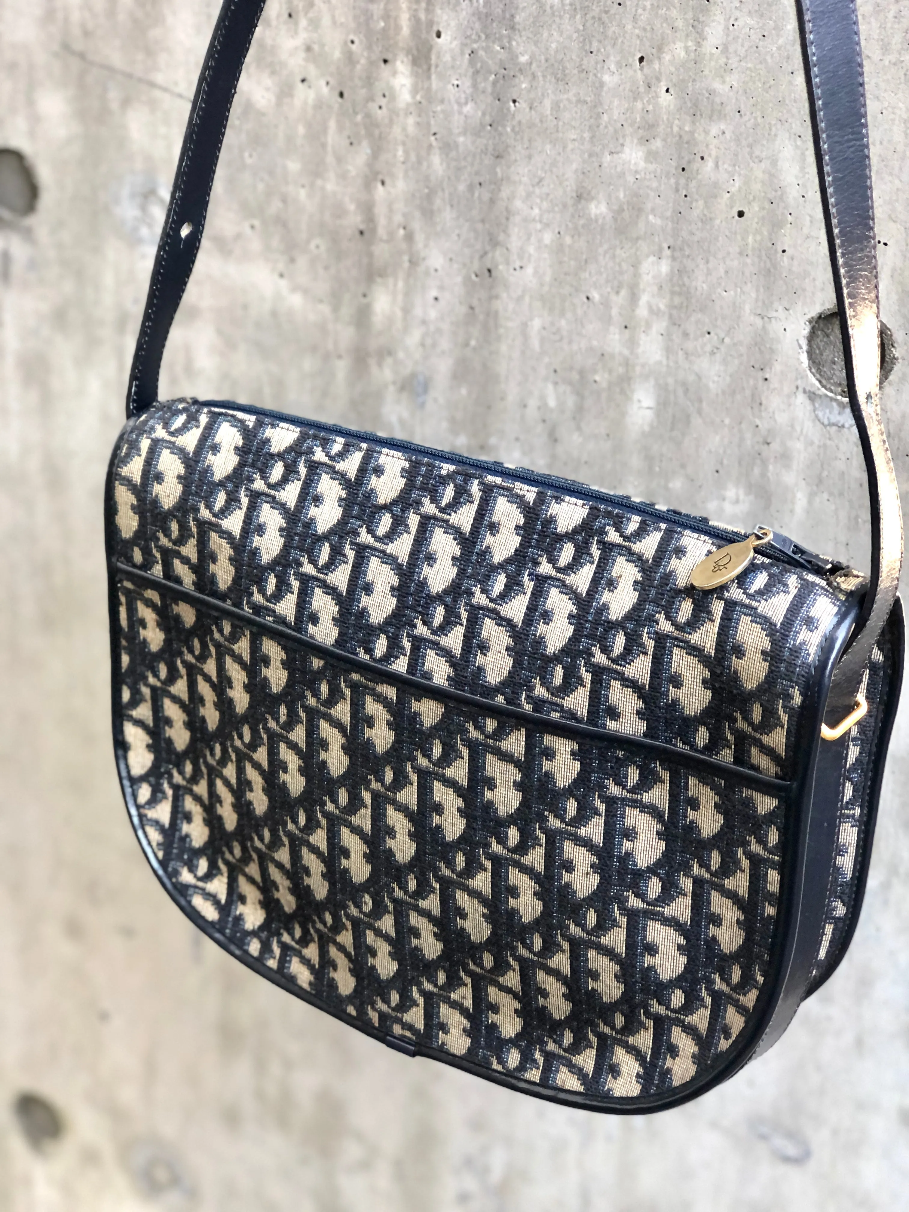 Christian Dior Logo Trotter Oblique Round Jacquard Shoulder bag Navy Vintage Old bpd7zc