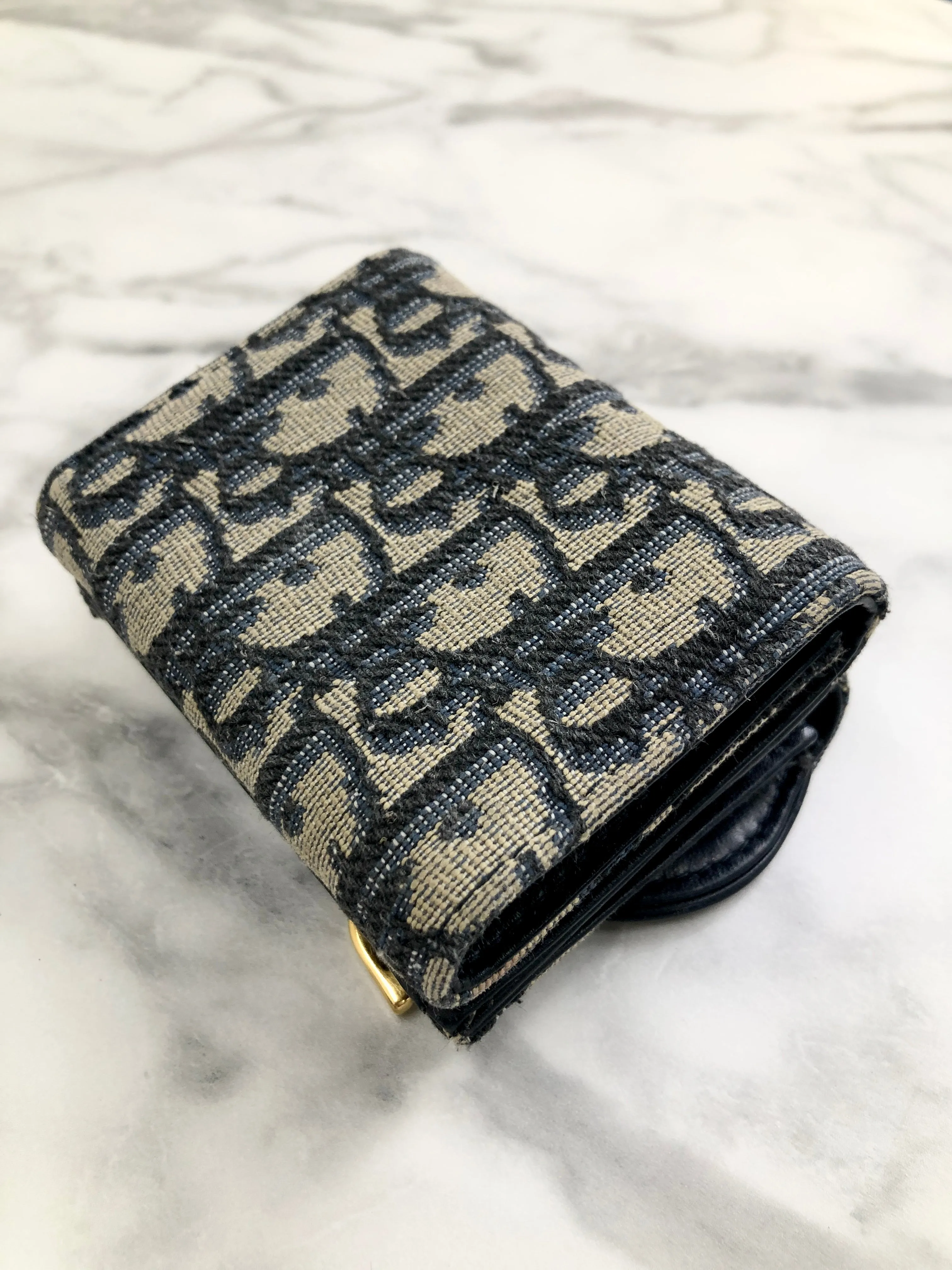 Christian Dior Oblique Jacquard Leather Trifold Wallet Navy Vintage ybv7tj