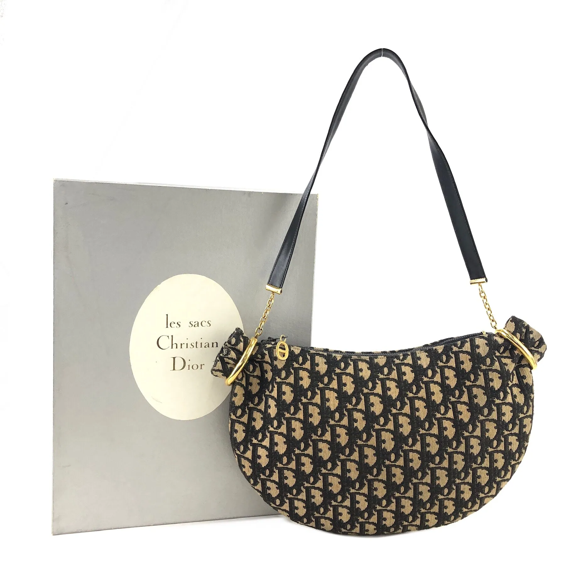 Christian Dior Trotter Jacquard Leather Shoulder bag Hobobag Navy Vintage 45xua4