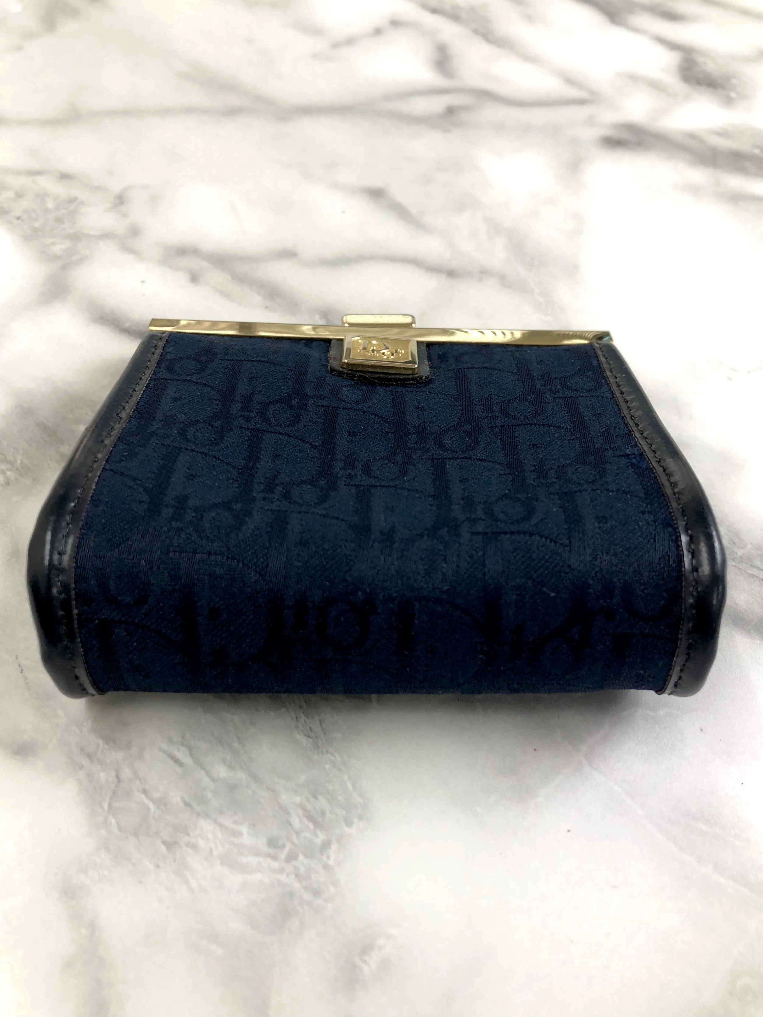 Christian Dior Trotter Logo Jacquard Leather Metal Clasp Coin Purse Navy Vintage pjbgby