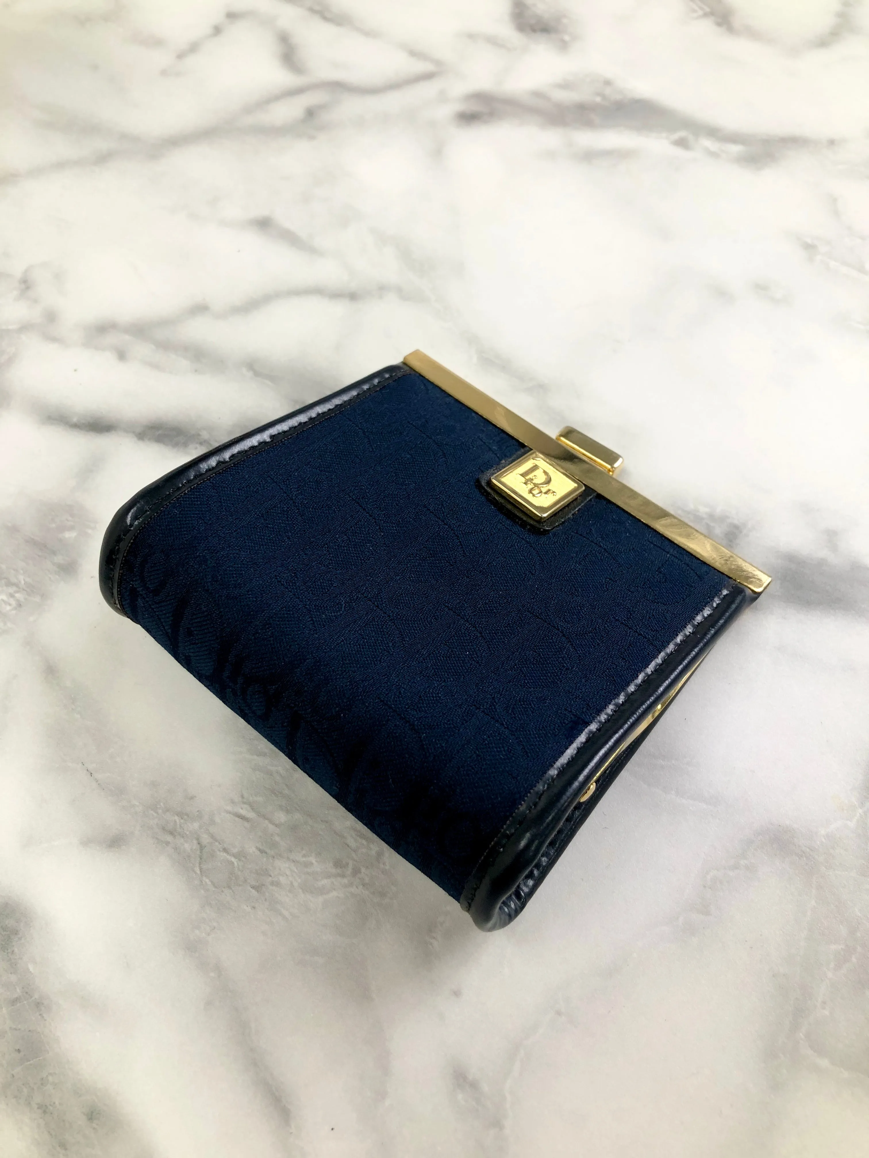Christian Dior Trotter Logo Jacquard Leather Metal Clasp Coin Purse Navy Vintage pjbgby