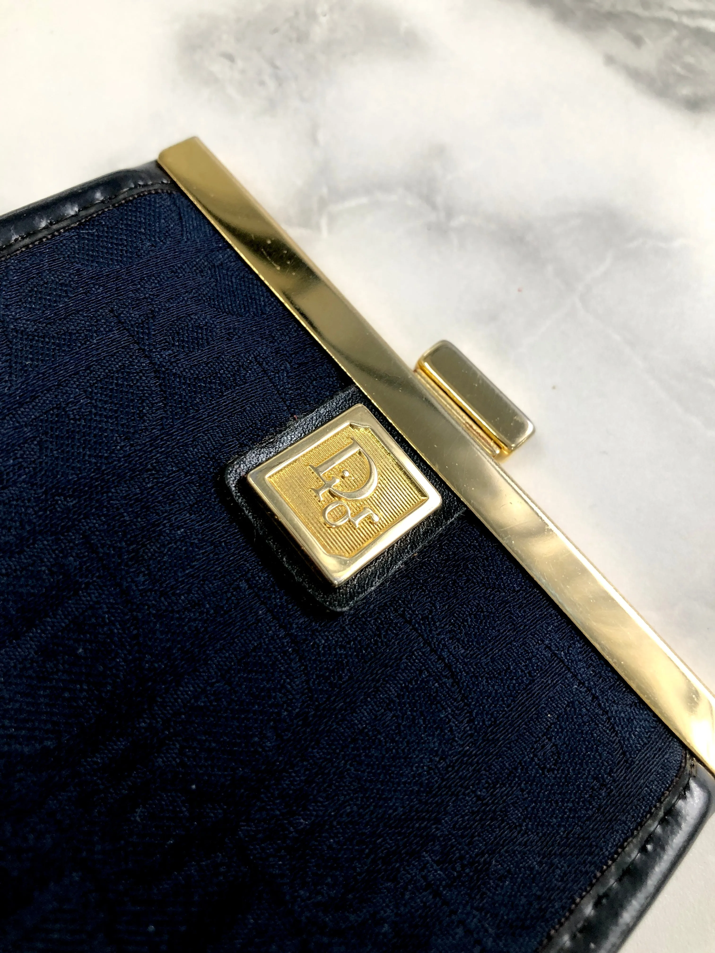 Christian Dior Trotter Logo Jacquard Leather Metal Clasp Coin Purse Navy Vintage pjbgby