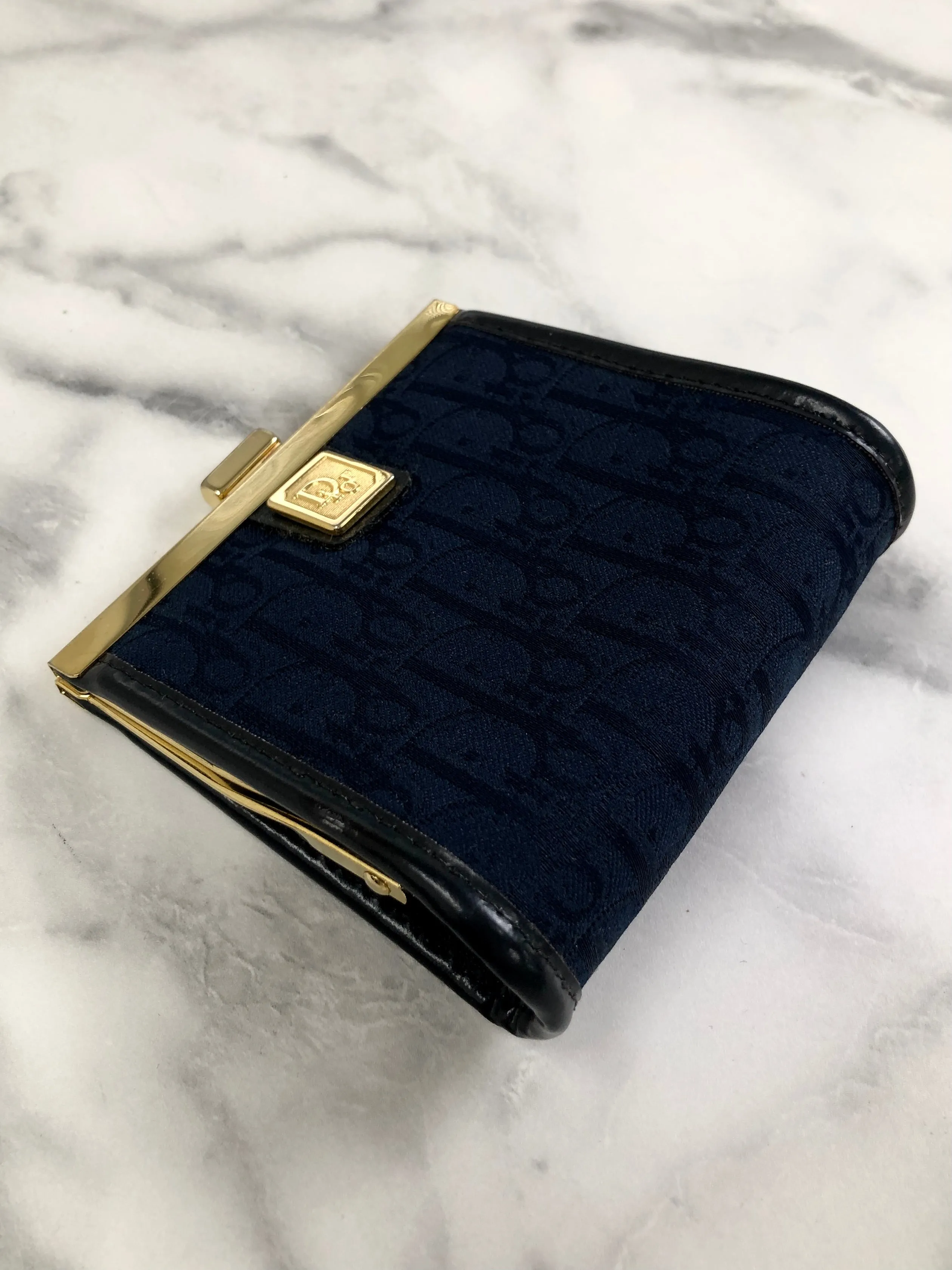 Christian Dior Trotter Logo Jacquard Leather Metal Clasp Coin Purse Navy Vintage pjbgby