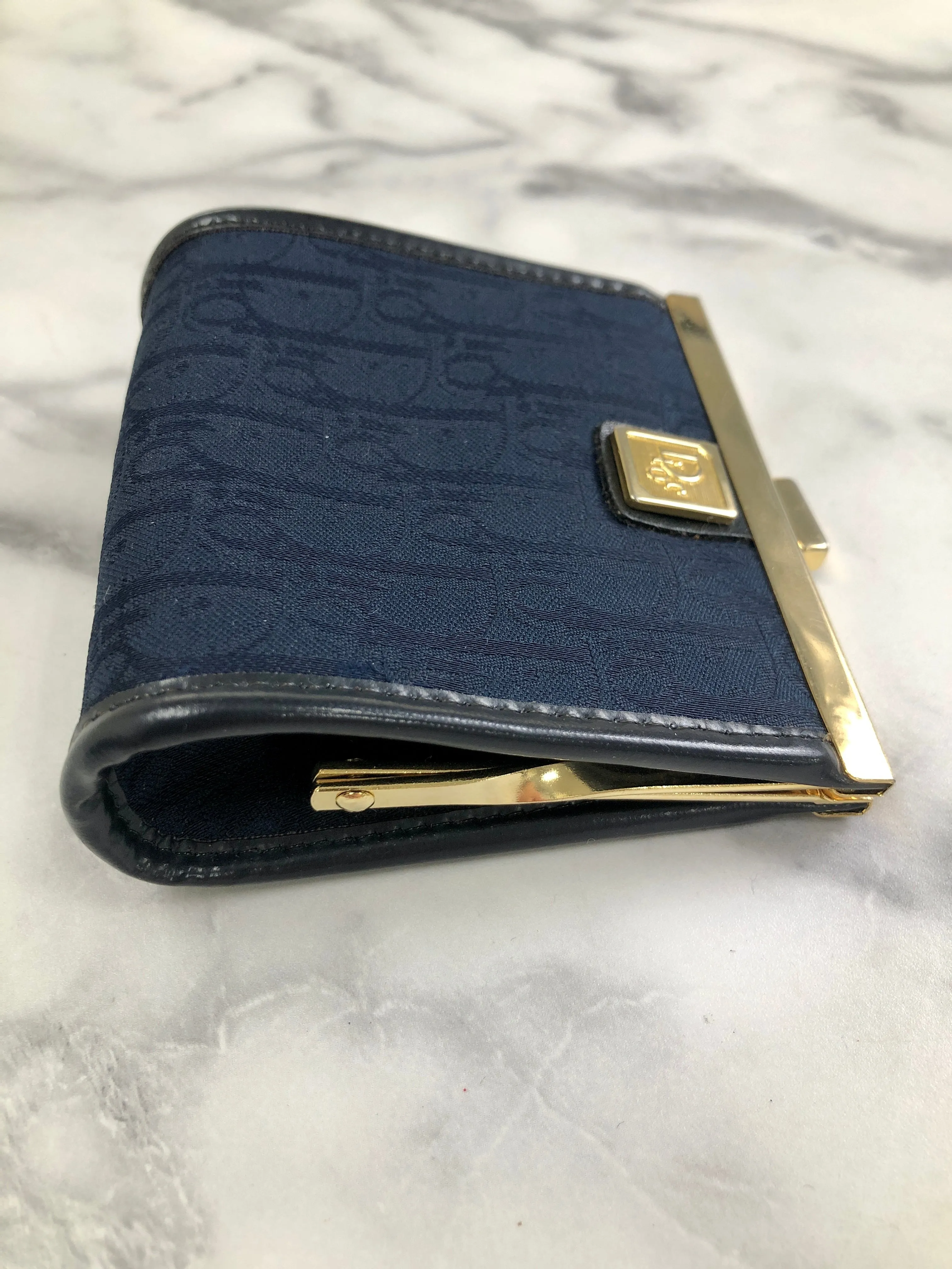 Christian Dior Trotter Logo Jacquard Leather Metal Clasp Coin Purse Navy Vintage pjbgby