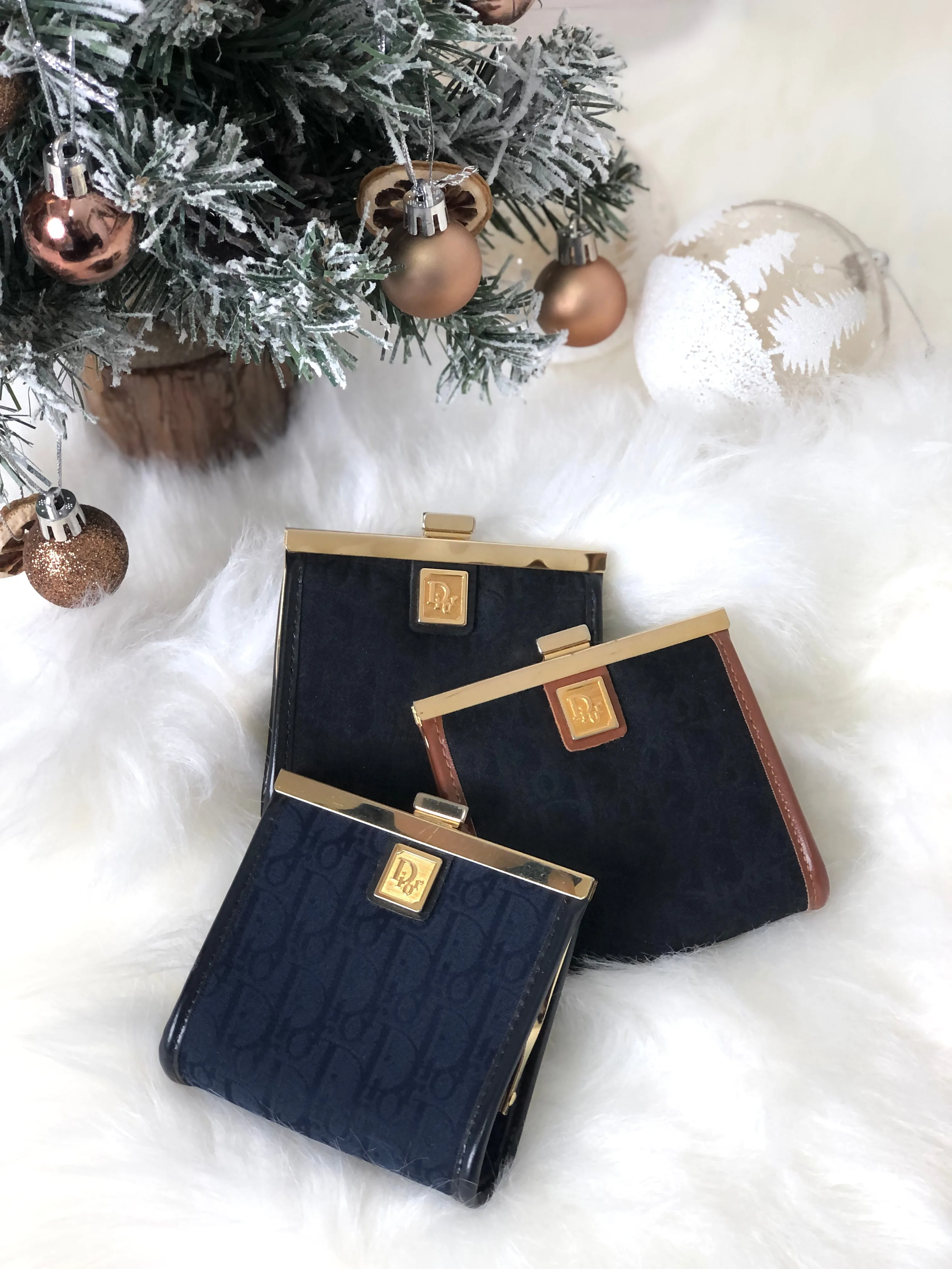 Christian Dior Trotter Logo Jacquard Leather Metal Clasp Coin Purse Navy Vintage pjbgby
