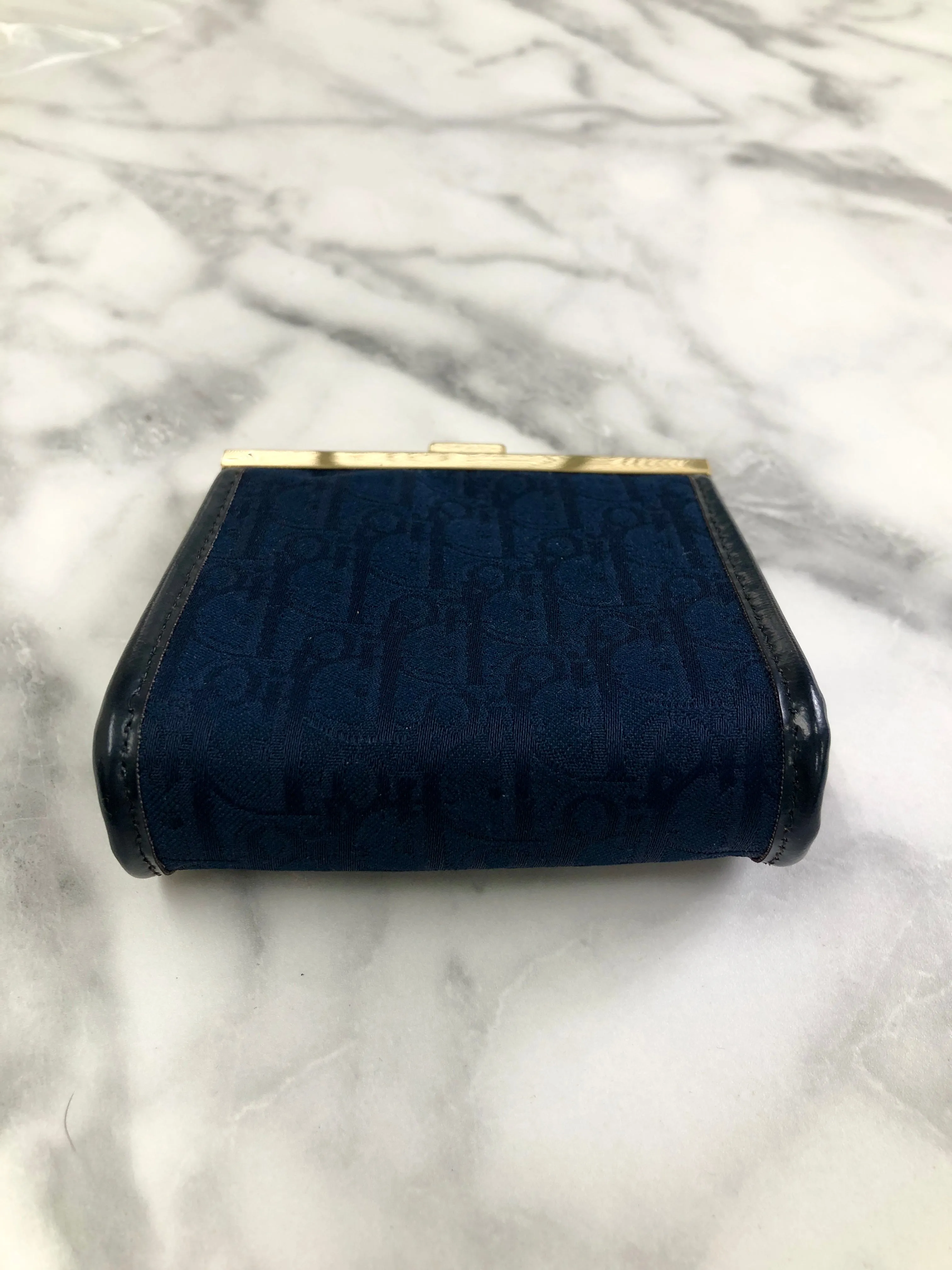 Christian Dior Trotter Logo Jacquard Leather Metal Clasp Coin Purse Navy Vintage pjbgby
