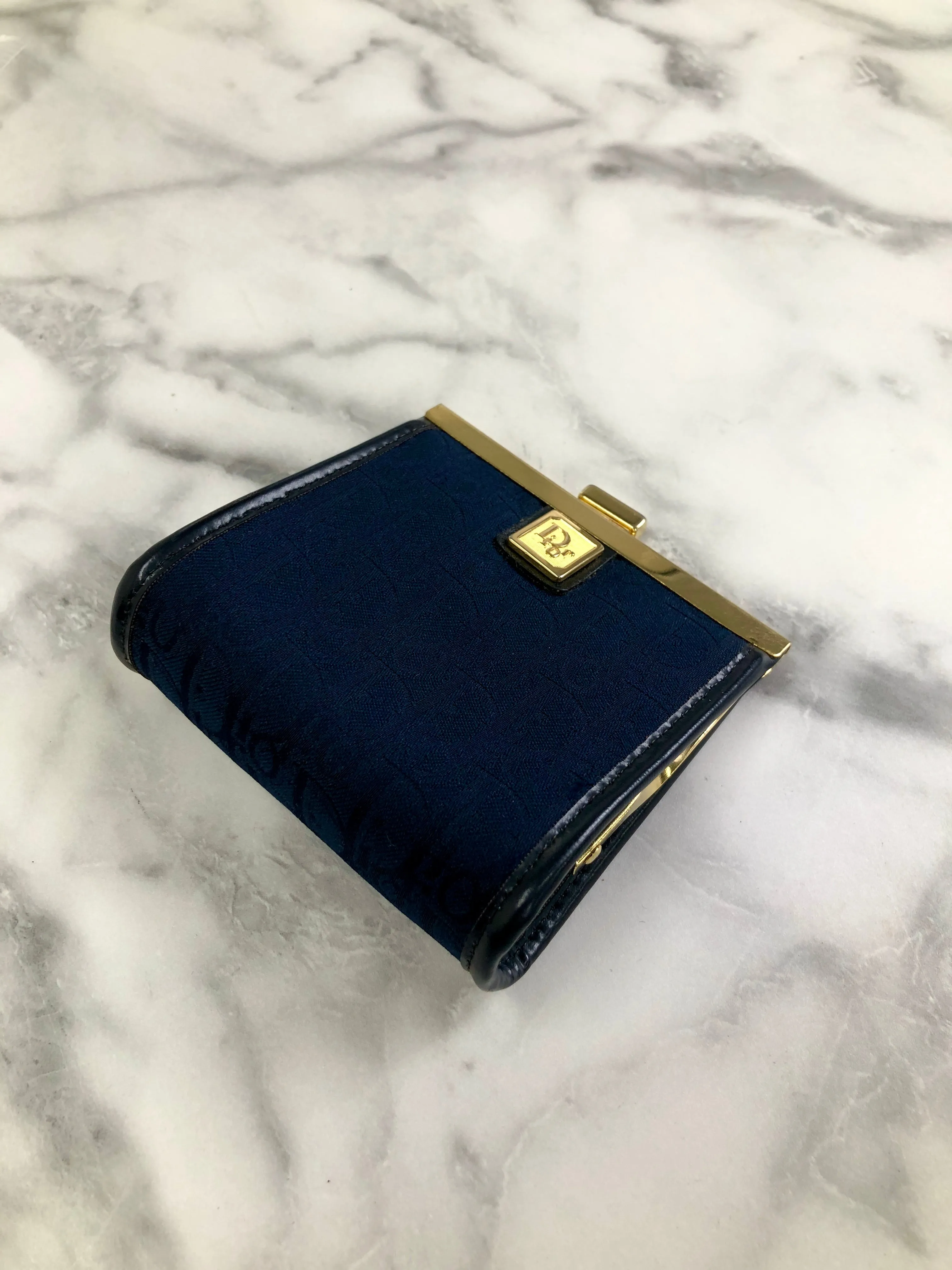 Christian Dior Trotter Logo Jacquard Leather Metal Clasp Coin Purse Navy Vintage pjbgby