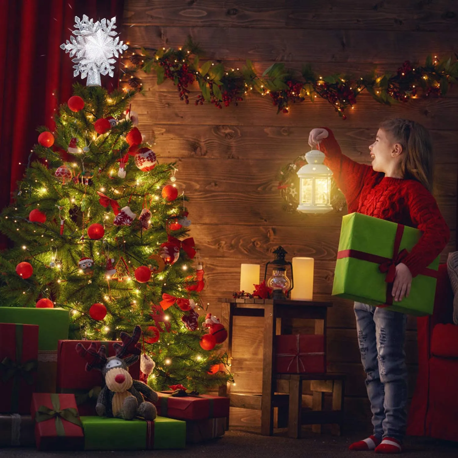 Christmas Tree Topper Lighted with White Snowflake Projector 3D Glitter Lighted Sliver Snow Tree Topper