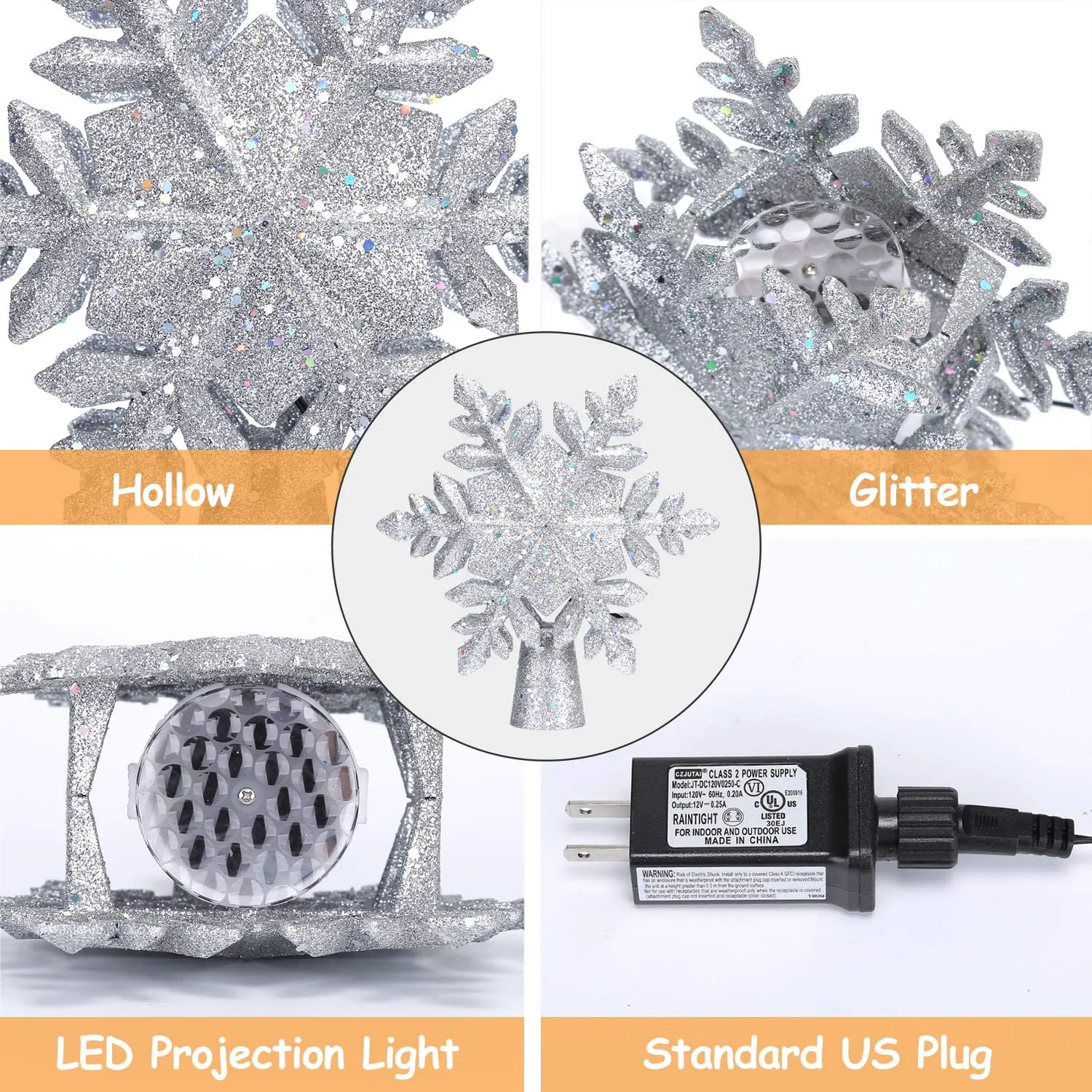 Christmas Tree Topper Lighted with White Snowflake Projector 3D Glitter Lighted Sliver Snow Tree Topper