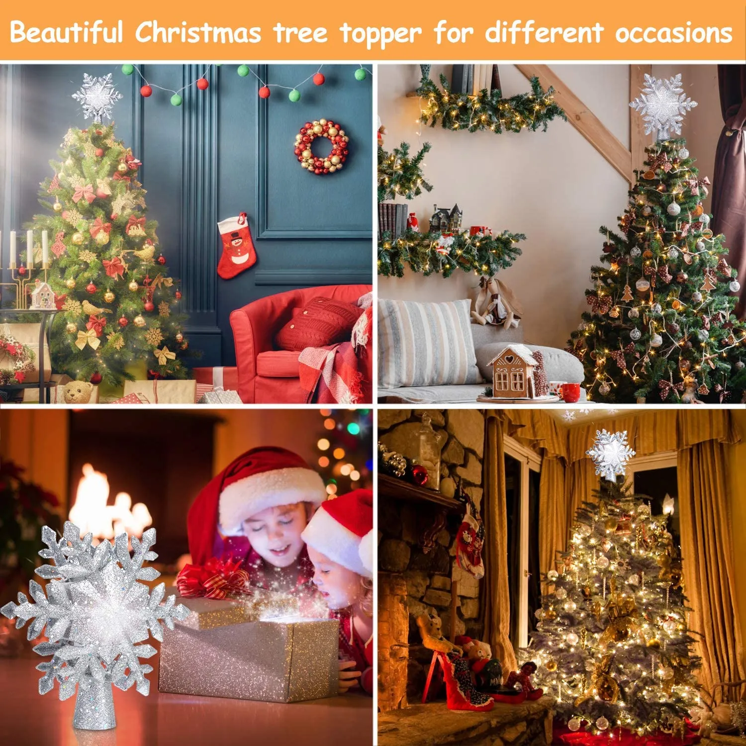 Christmas Tree Topper Lighted with White Snowflake Projector 3D Glitter Lighted Sliver Snow Tree Topper