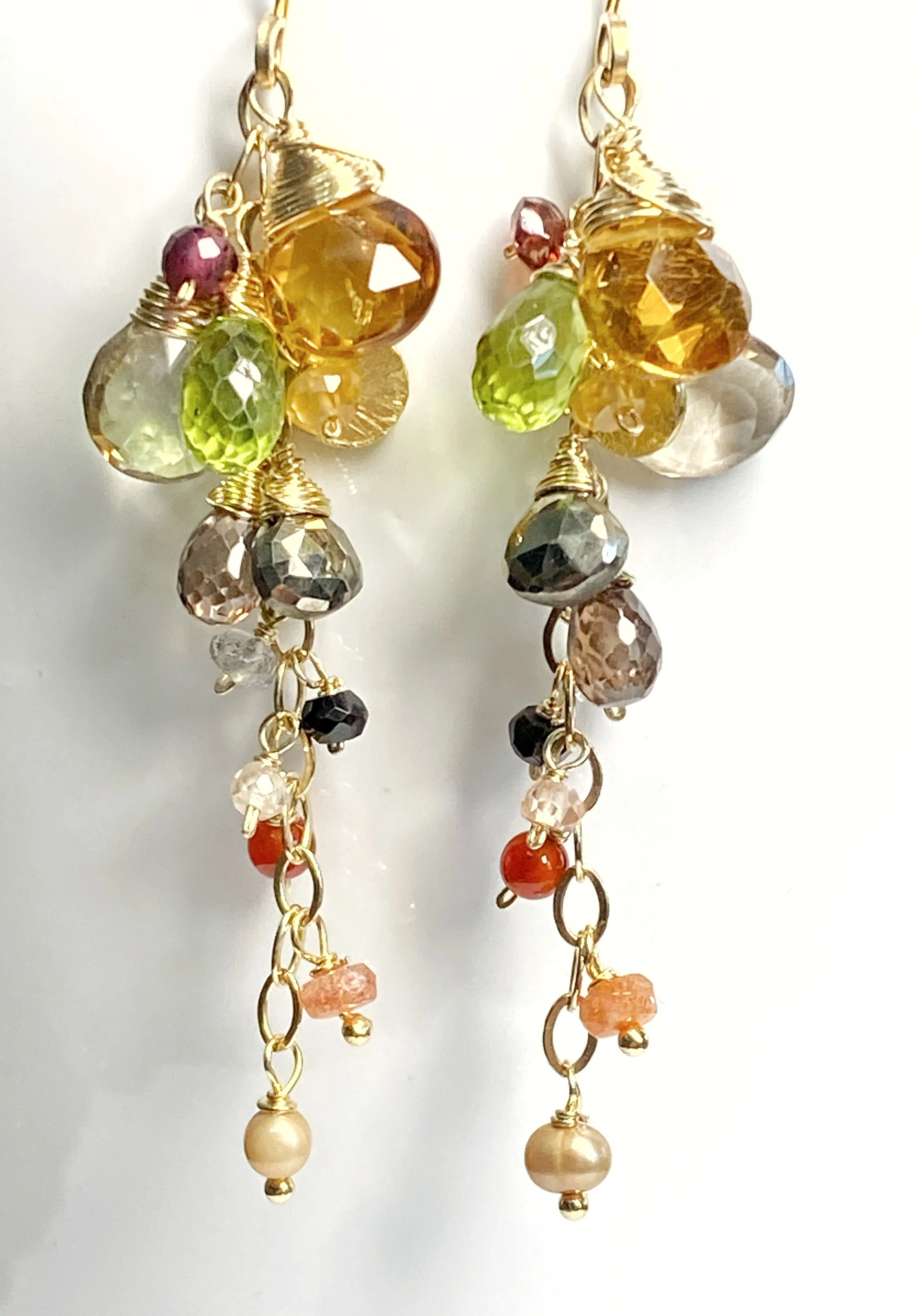 Citrine and Multi Gem Stone Dangle Earrings, Gold Chain Tassel with Peridot