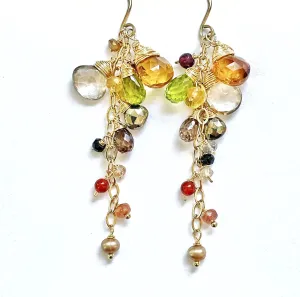 Citrine and Multi Gem Stone Dangle Earrings, Gold Chain Tassel with Peridot