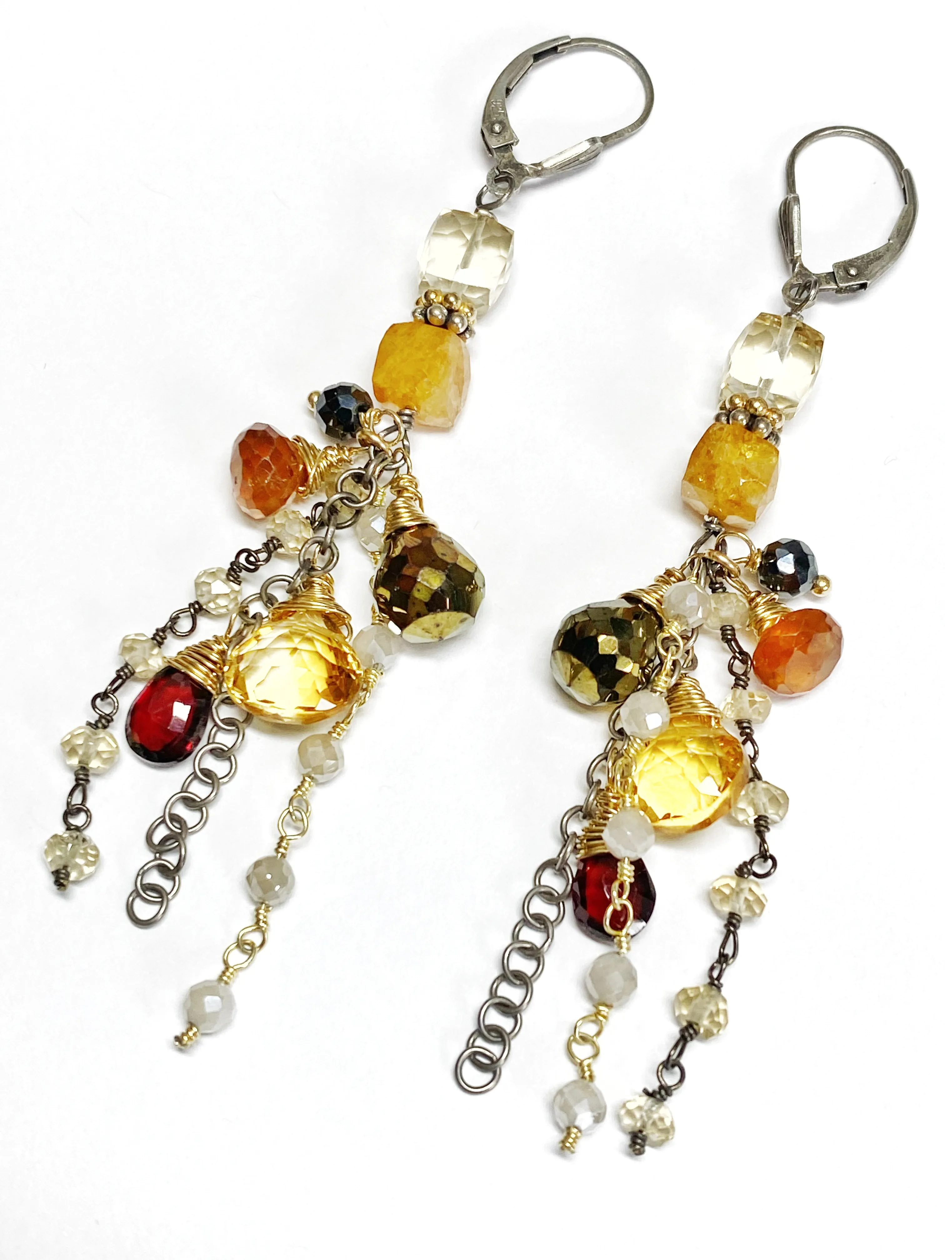 Citrine Garnet Mixed Metal Long Boho Dangle Earrings Oxidized Silver Gold Fill
