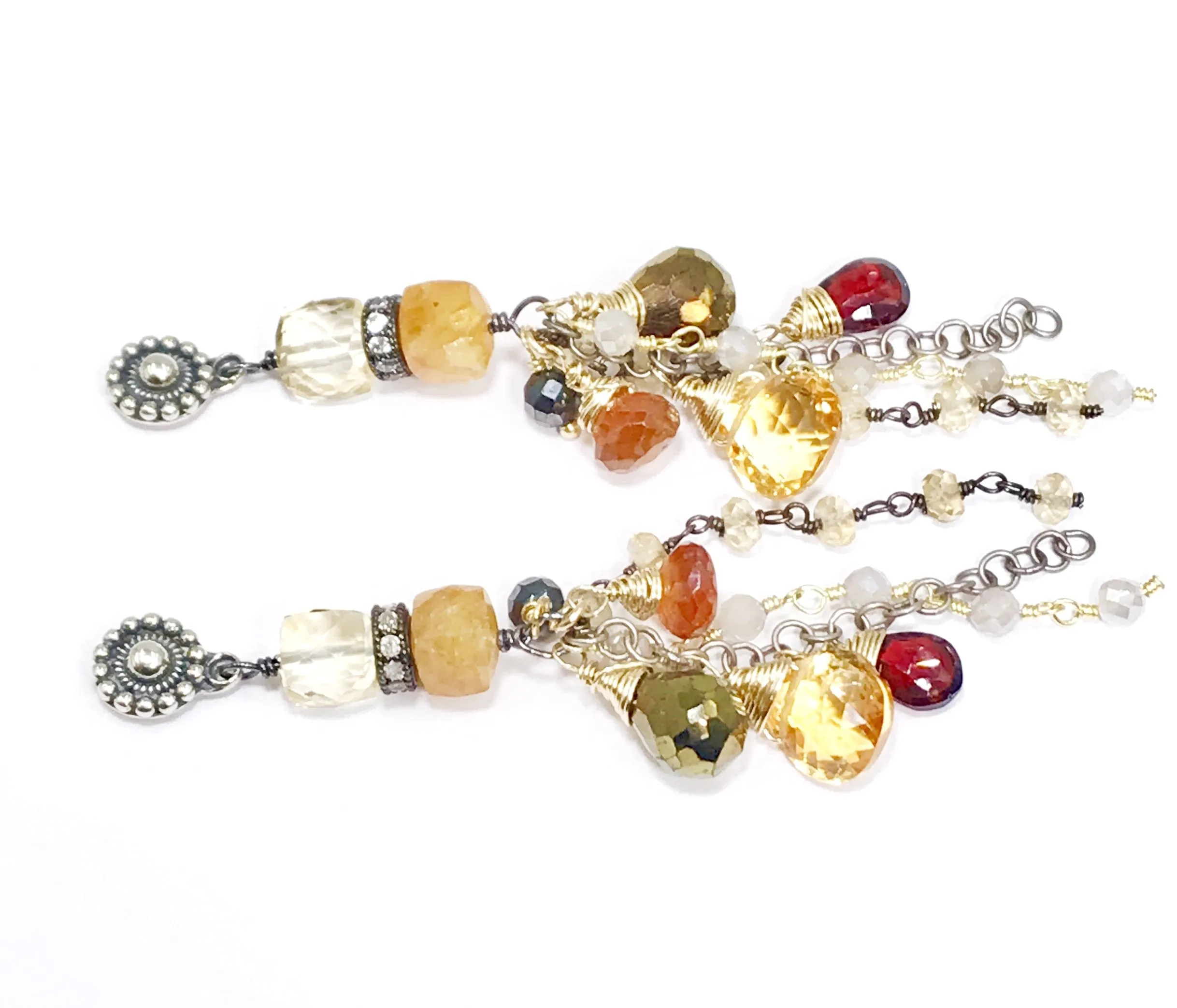 Citrine Garnet Mixed Metal Long Boho Dangle Earrings Oxidized Silver Gold Fill