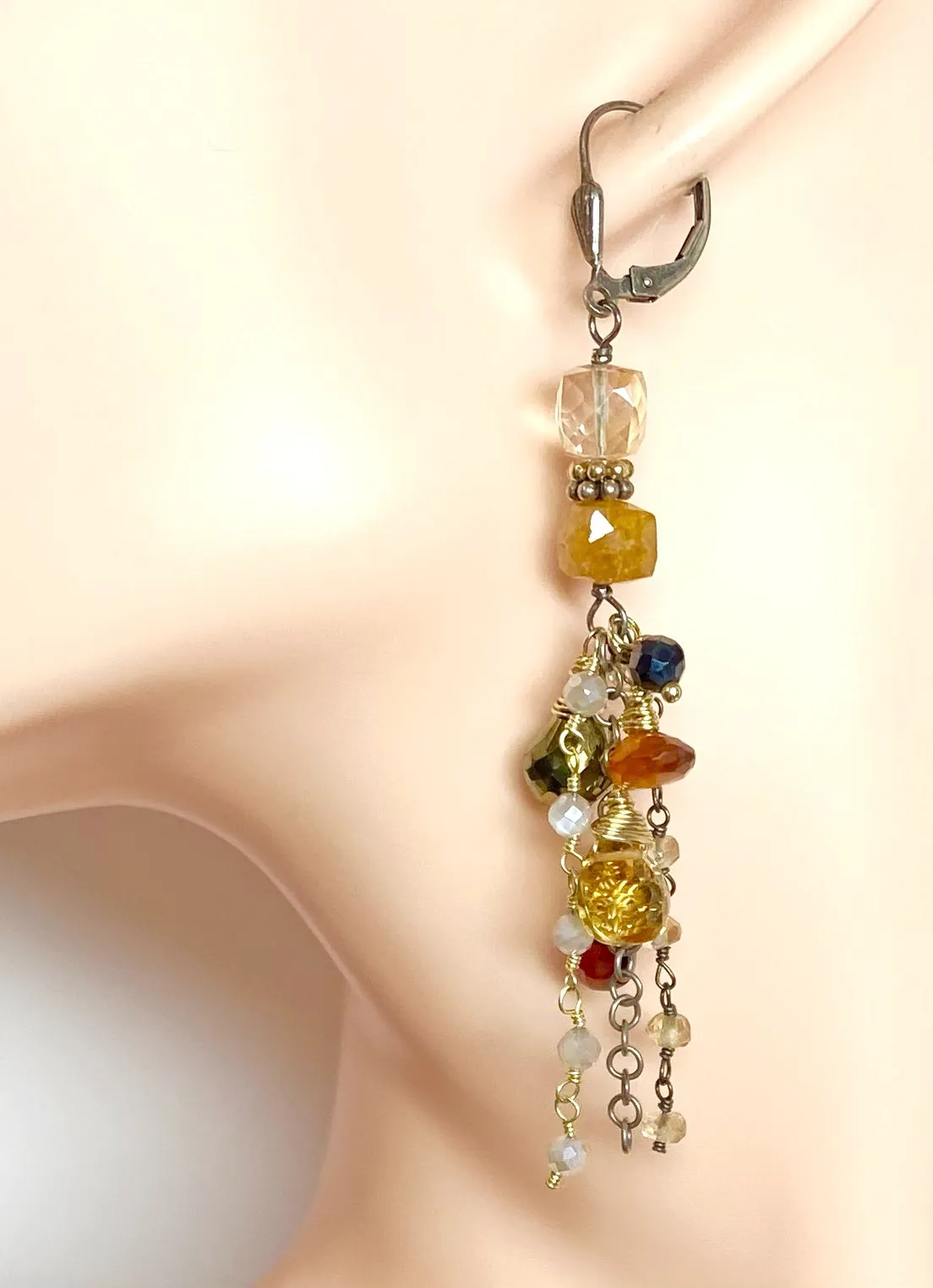 Citrine Garnet Mixed Metal Long Boho Dangle Earrings Oxidized Silver Gold Fill