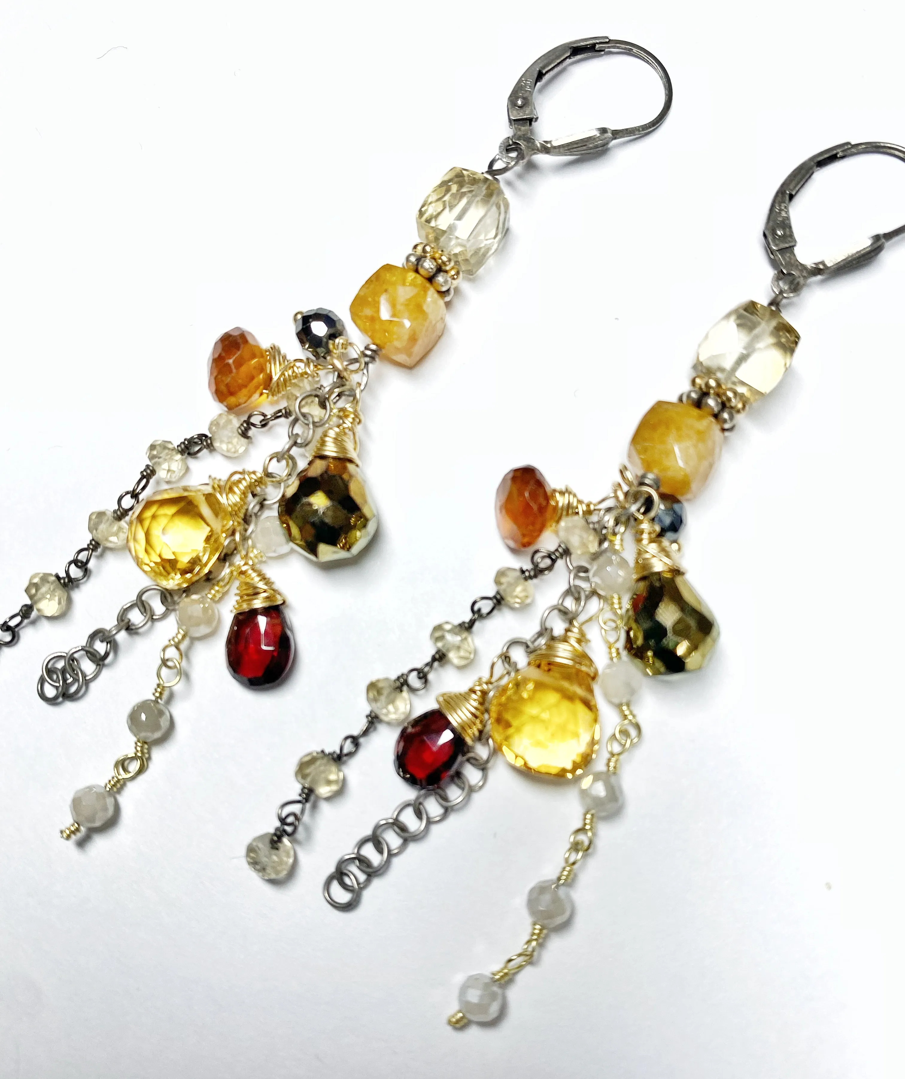 Citrine Garnet Mixed Metal Long Boho Dangle Earrings Oxidized Silver Gold Fill