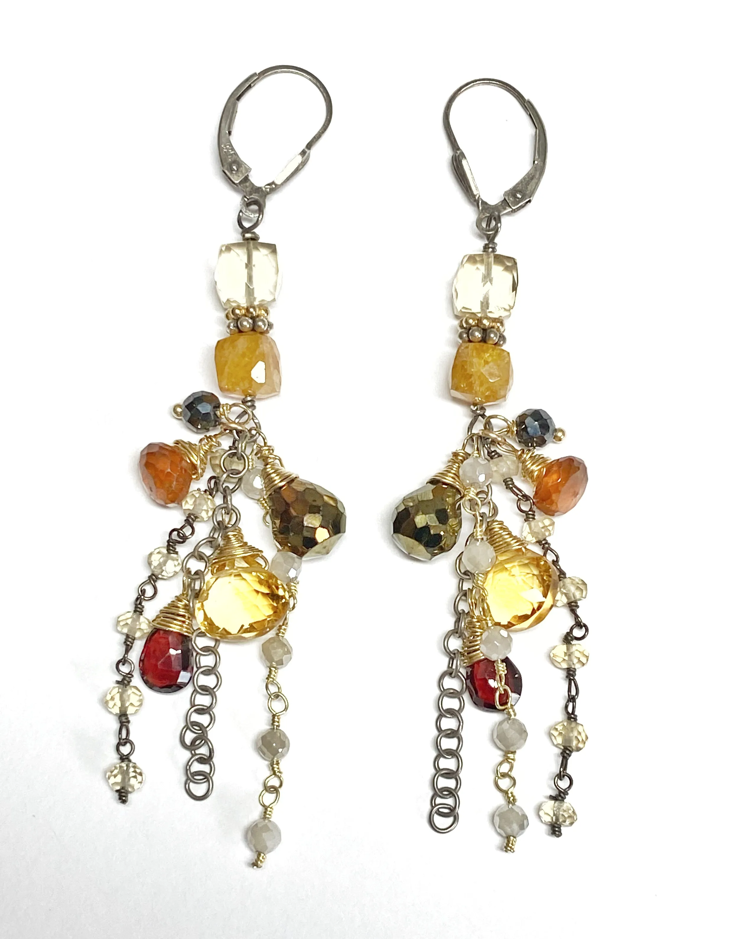 Citrine Garnet Mixed Metal Long Boho Dangle Earrings Oxidized Silver Gold Fill