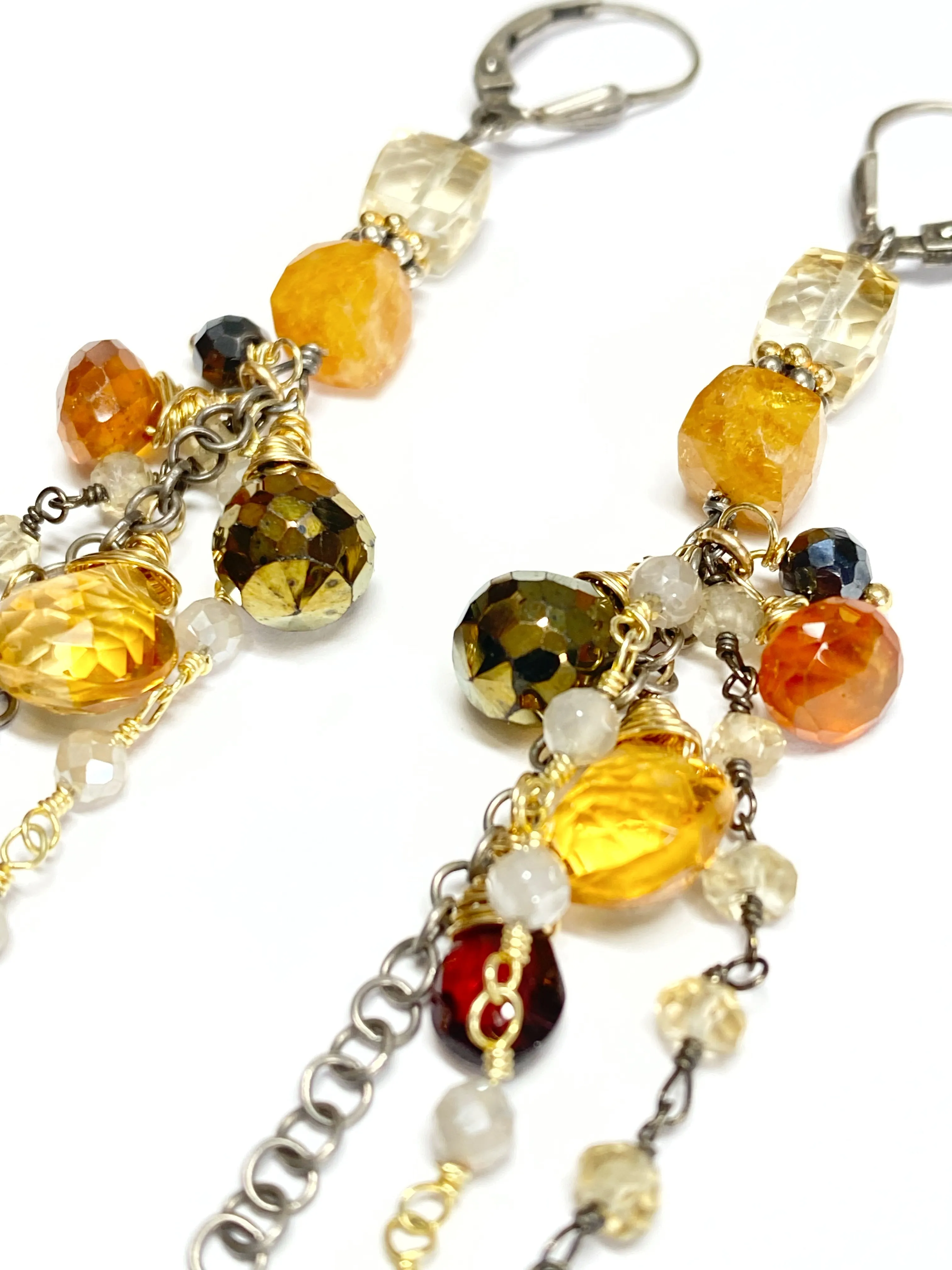 Citrine Garnet Mixed Metal Long Boho Dangle Earrings Oxidized Silver Gold Fill