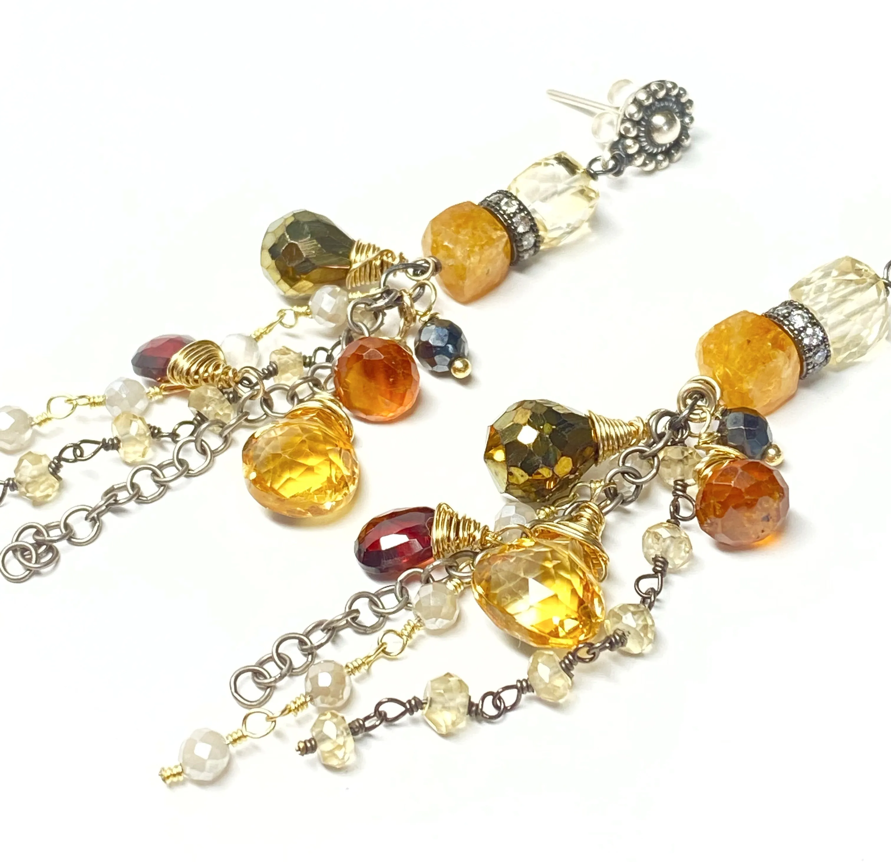 Citrine Garnet Mixed Metal Long Boho Dangle Earrings Oxidized Silver Gold Fill