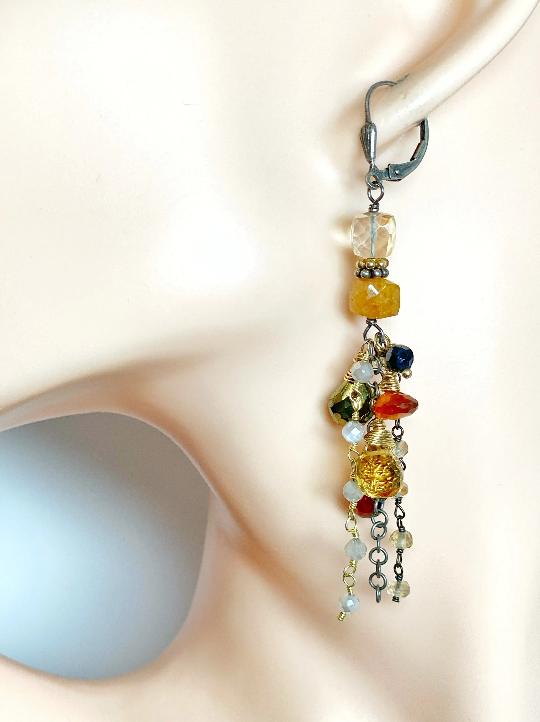 Citrine Garnet Mixed Metal Long Boho Dangle Earrings Oxidized Silver Gold Fill