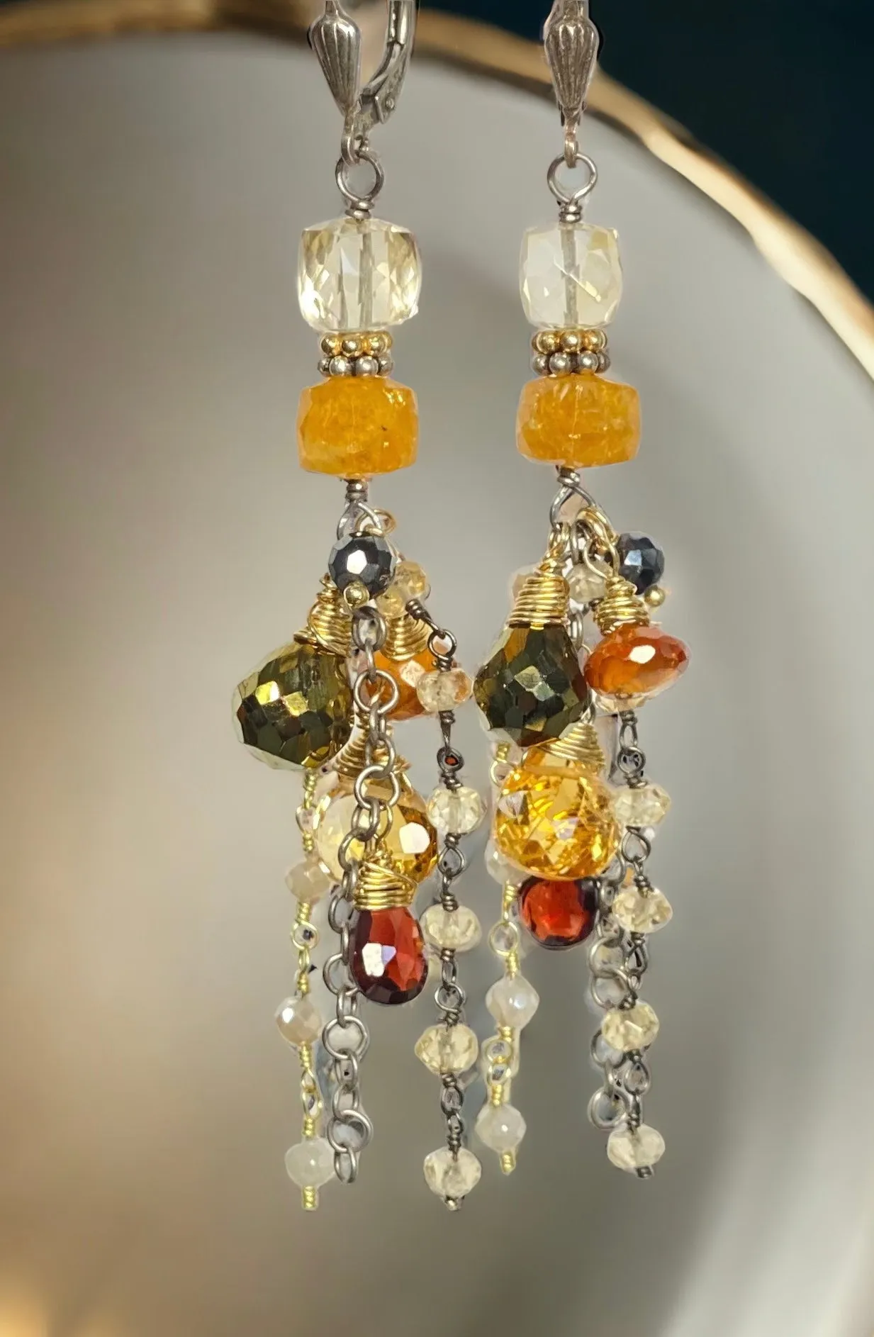 Citrine Garnet Mixed Metal Long Boho Dangle Earrings Oxidized Silver Gold Fill