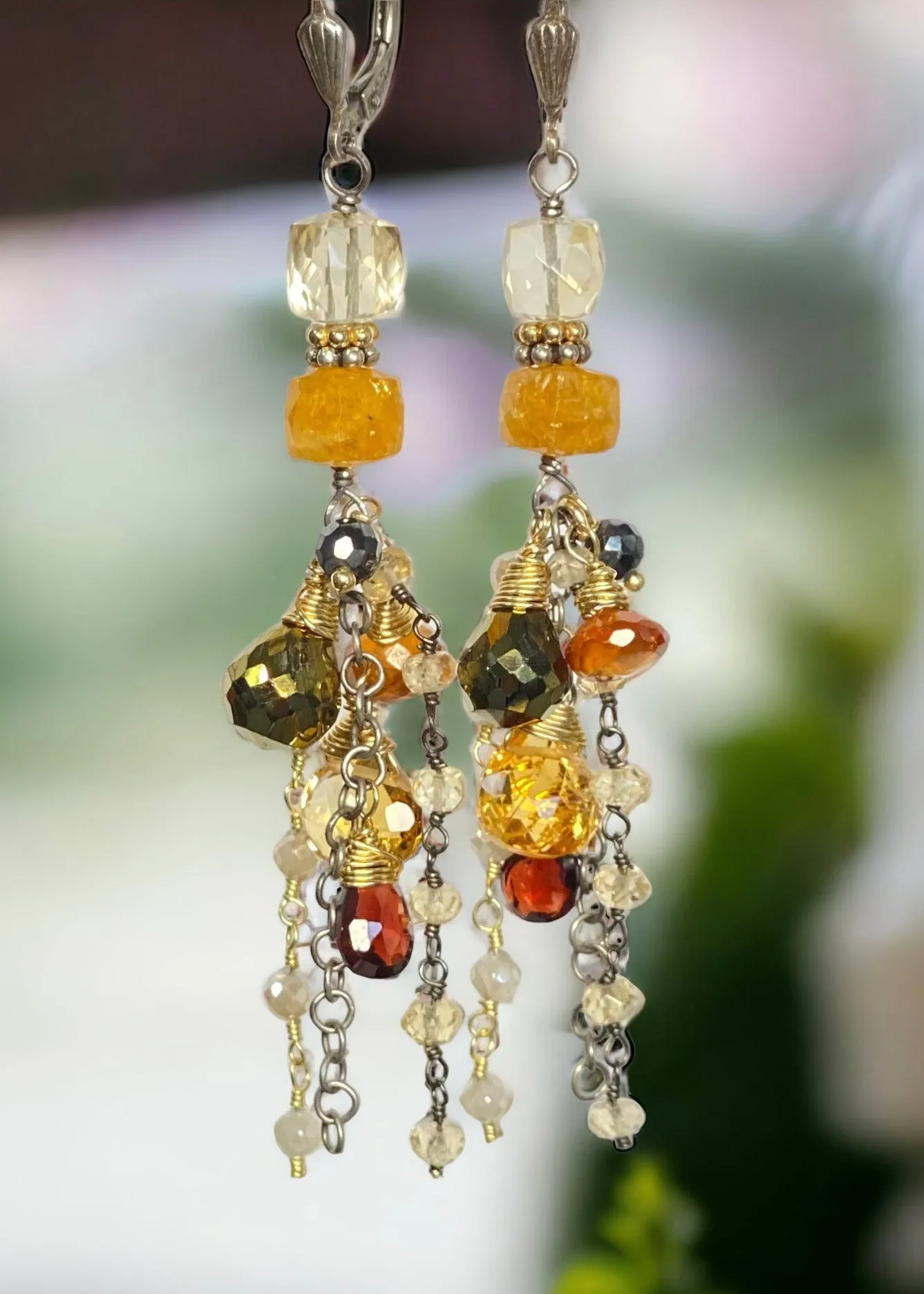 Citrine Garnet Mixed Metal Long Boho Dangle Earrings Oxidized Silver Gold Fill