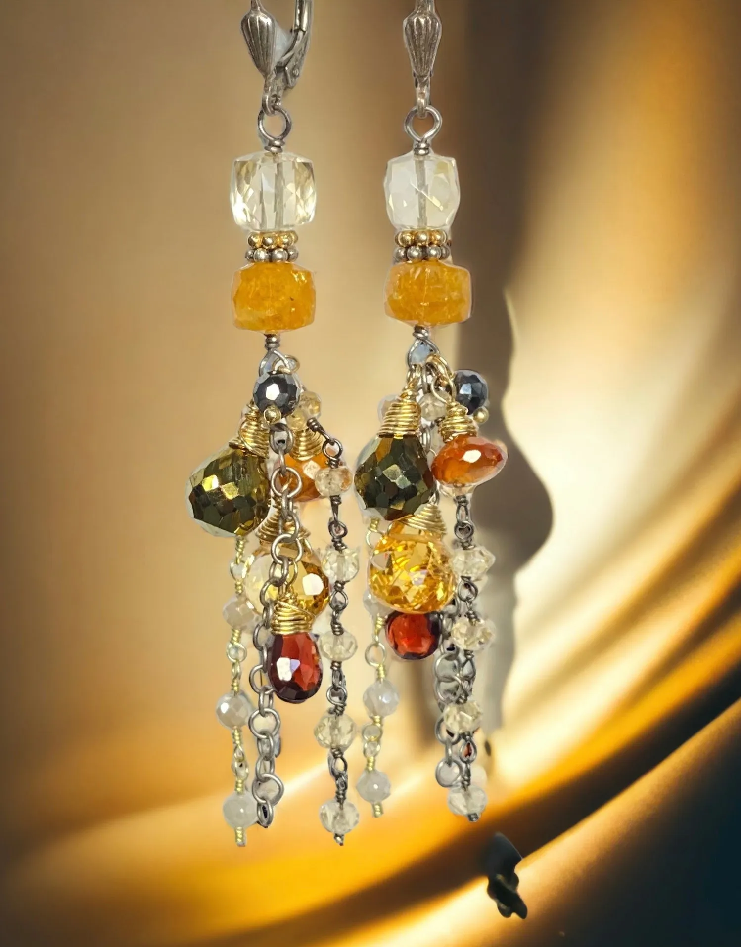 Citrine Garnet Mixed Metal Long Boho Dangle Earrings Oxidized Silver Gold Fill