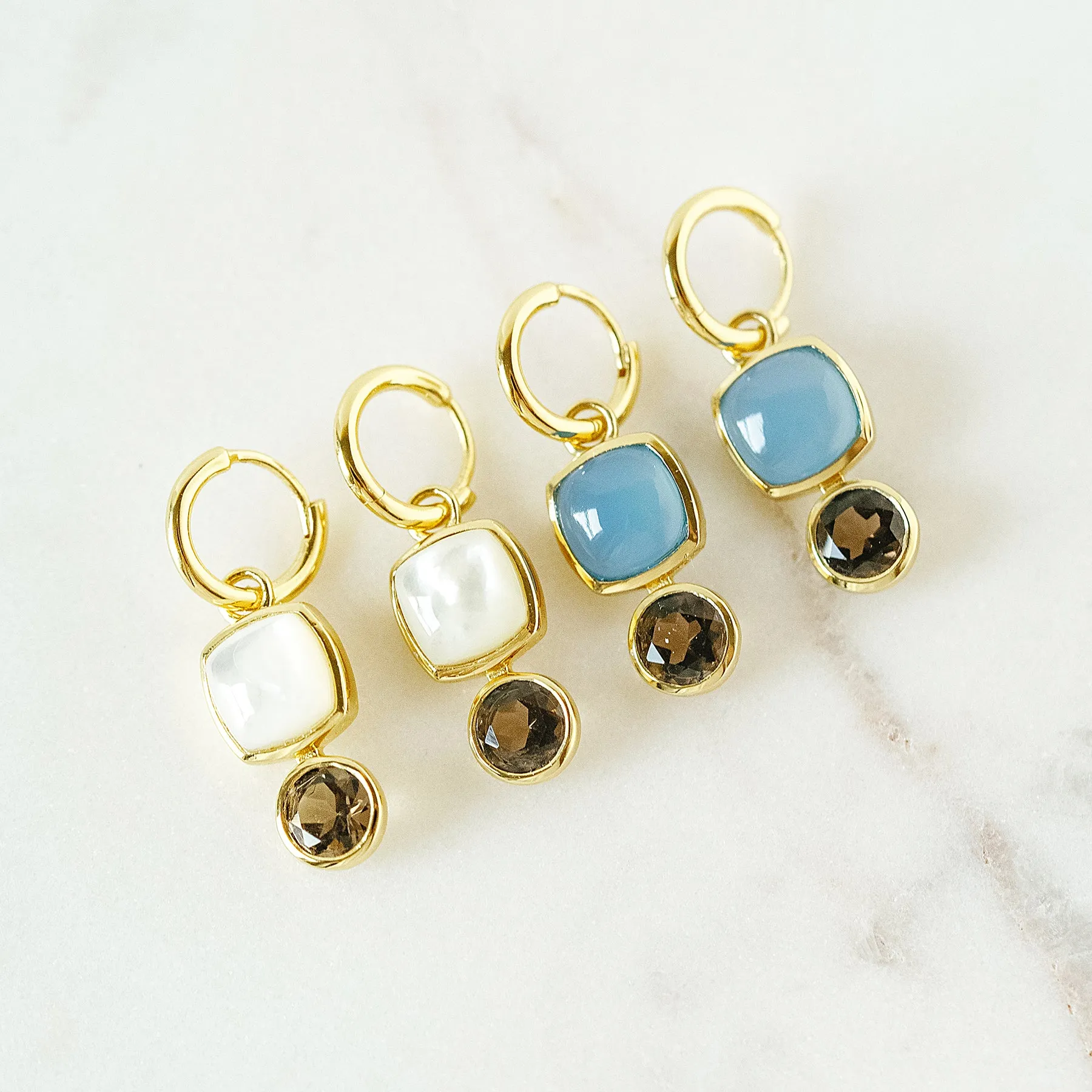 Color Block Charm Huggie Hoop Earrings in Mother of Pearl and Faceted Smoky Quartz