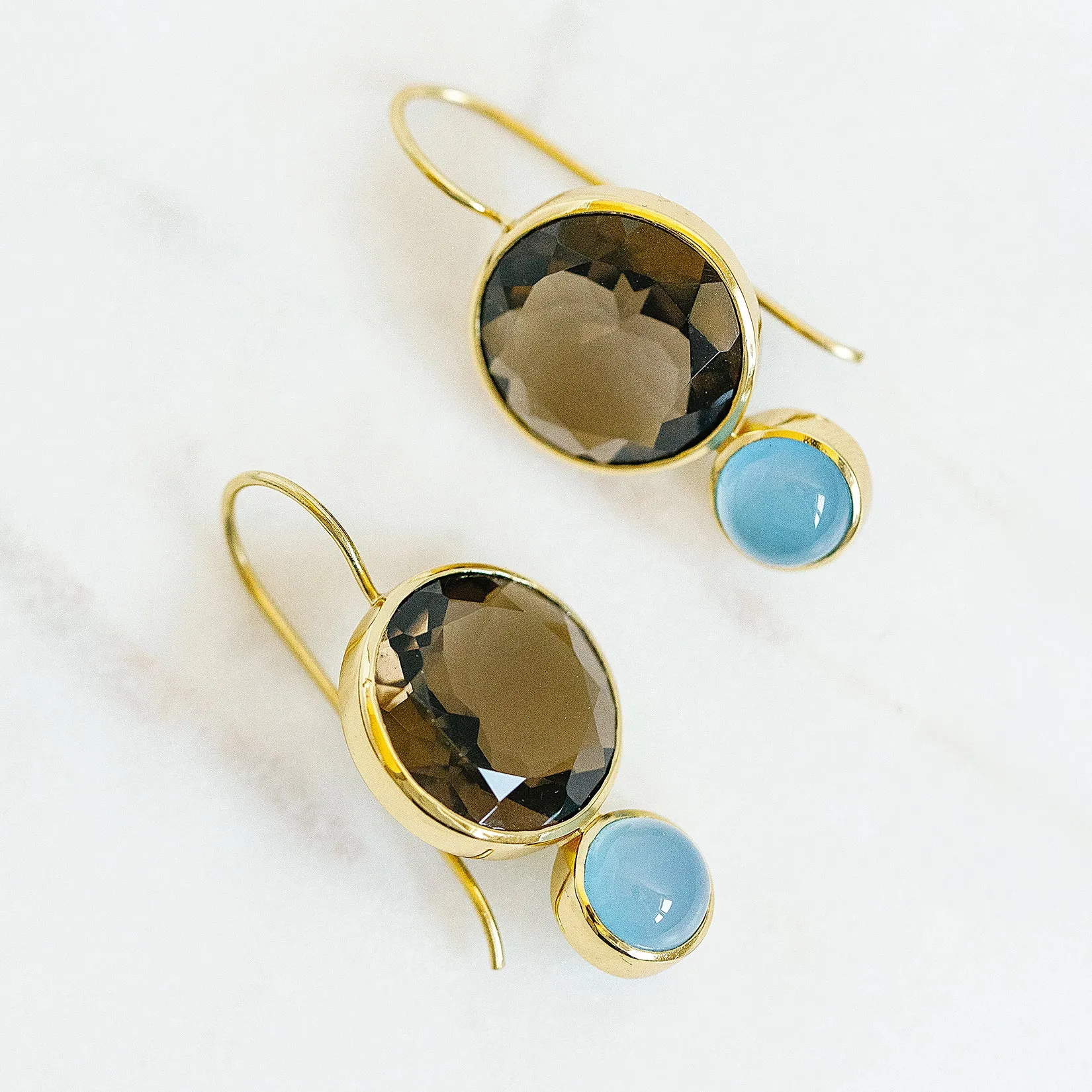 Color Block Drop Earrings in Faceted Smoky Quartz and Blue Chalcedony