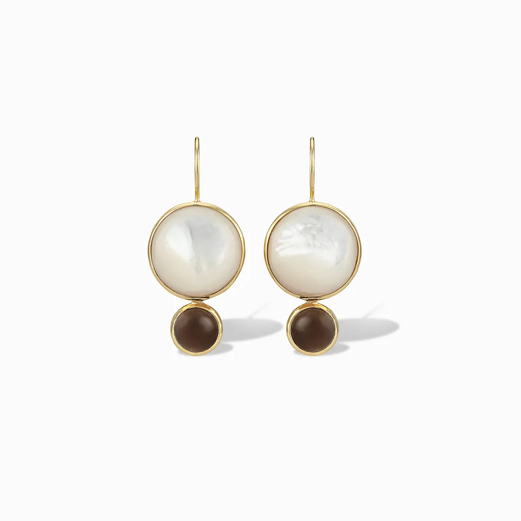 Color Block Drop Earrings in Mother of Pearl and Smoky Topaz